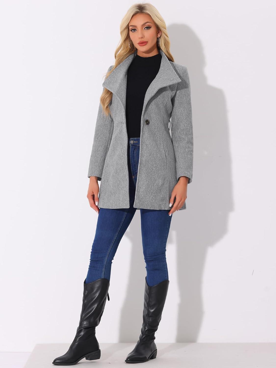 imageAllegra K Womens Classic Stand Collar Outwear Overcoat Long Sleeve Winter Belted Pea CoatGrey
