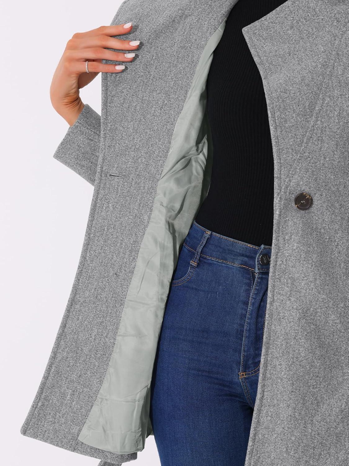 imageAllegra K Womens Classic Stand Collar Outwear Overcoat Long Sleeve Winter Belted Pea CoatGrey
