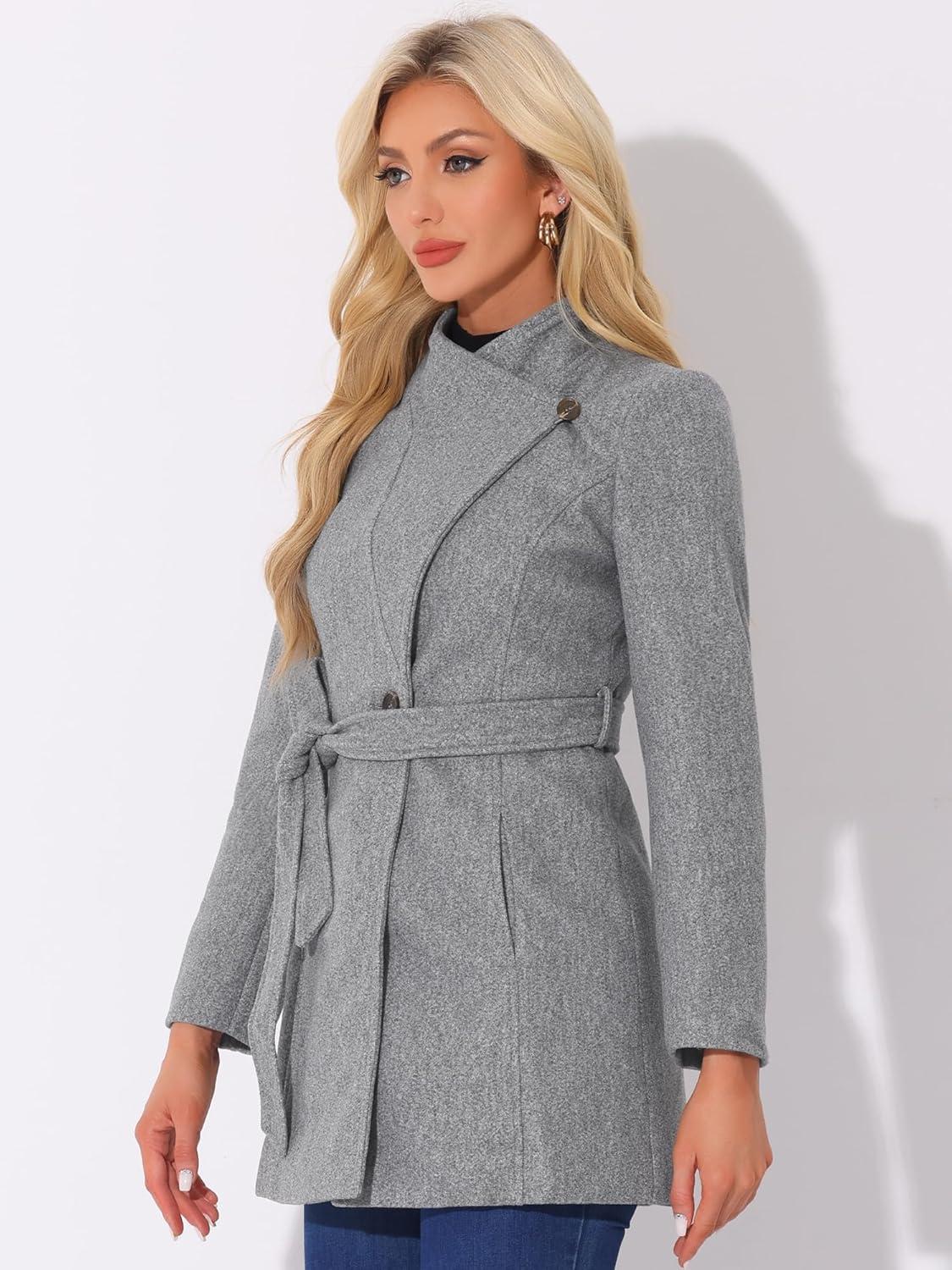 imageAllegra K Womens Classic Stand Collar Outwear Overcoat Long Sleeve Winter Belted Pea CoatGrey