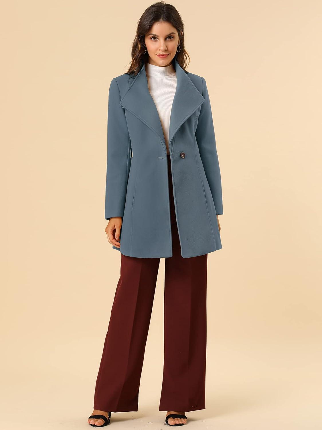 imageAllegra K Womens Classic Stand Collar Outwear Overcoat Long Sleeve Winter Belted Pea CoatGrey Blue
