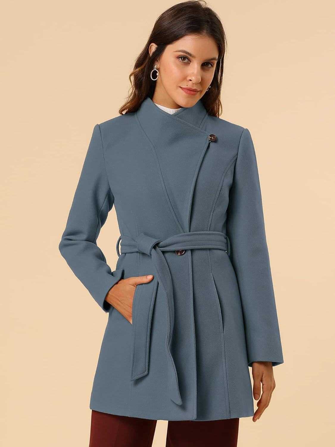 imageAllegra K Womens Classic Stand Collar Outwear Overcoat Long Sleeve Winter Belted Pea CoatGrey Blue