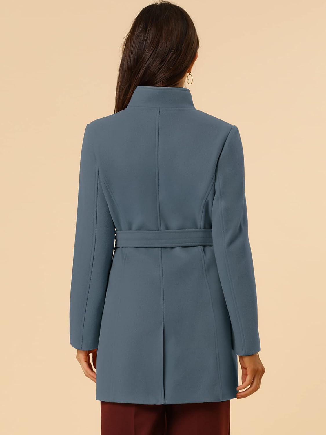 imageAllegra K Womens Classic Stand Collar Outwear Overcoat Long Sleeve Winter Belted Pea CoatGrey Blue