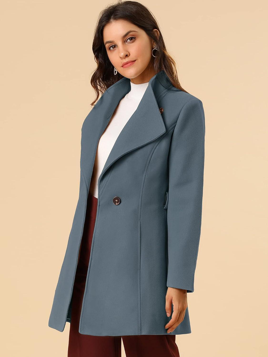 imageAllegra K Womens Classic Stand Collar Outwear Overcoat Long Sleeve Winter Belted Pea CoatGrey Blue
