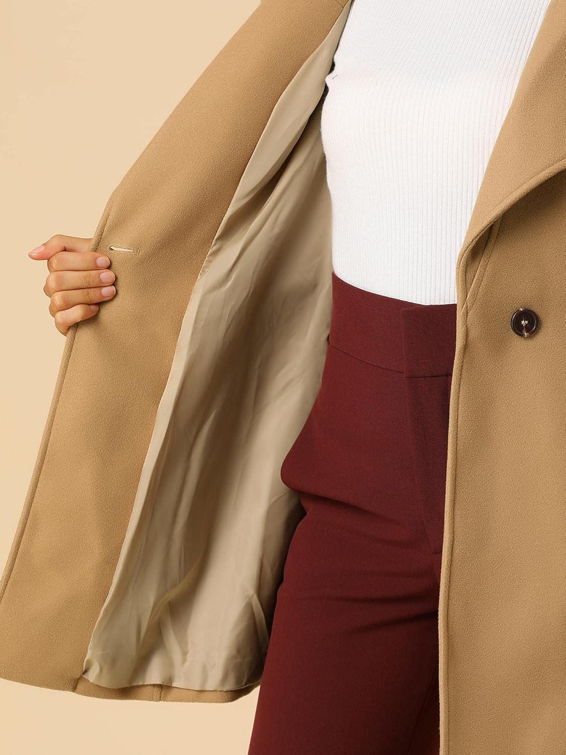 imageAllegra K Womens Classic Stand Collar Outwear Overcoat Long Sleeve Winter Belted Pea CoatKhaki