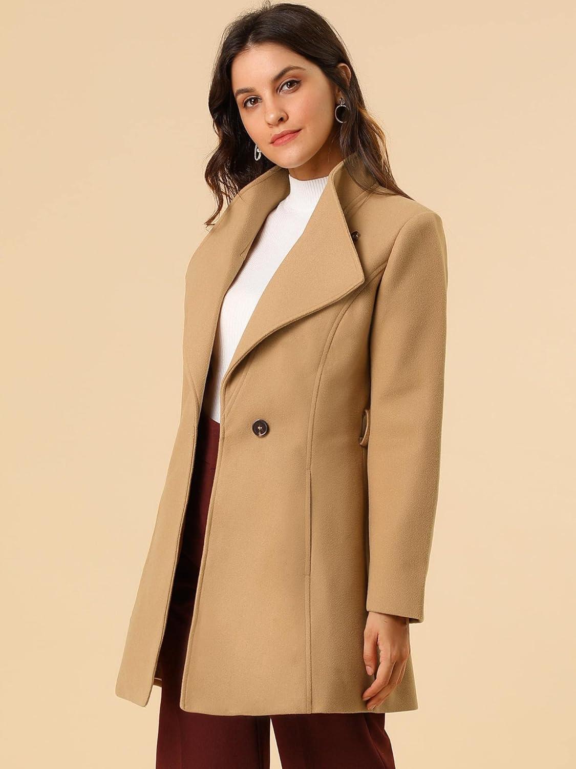 imageAllegra K Womens Classic Stand Collar Outwear Overcoat Long Sleeve Winter Belted Pea CoatKhaki
