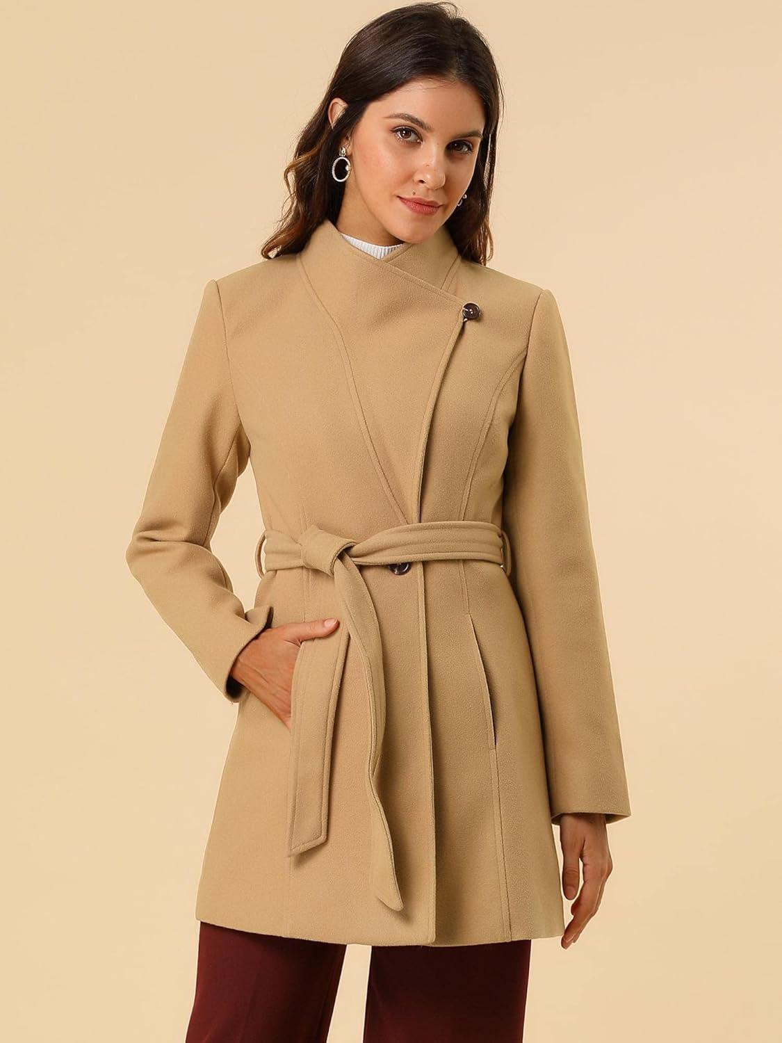imageAllegra K Womens Classic Stand Collar Outwear Overcoat Long Sleeve Winter Belted Pea CoatKhaki