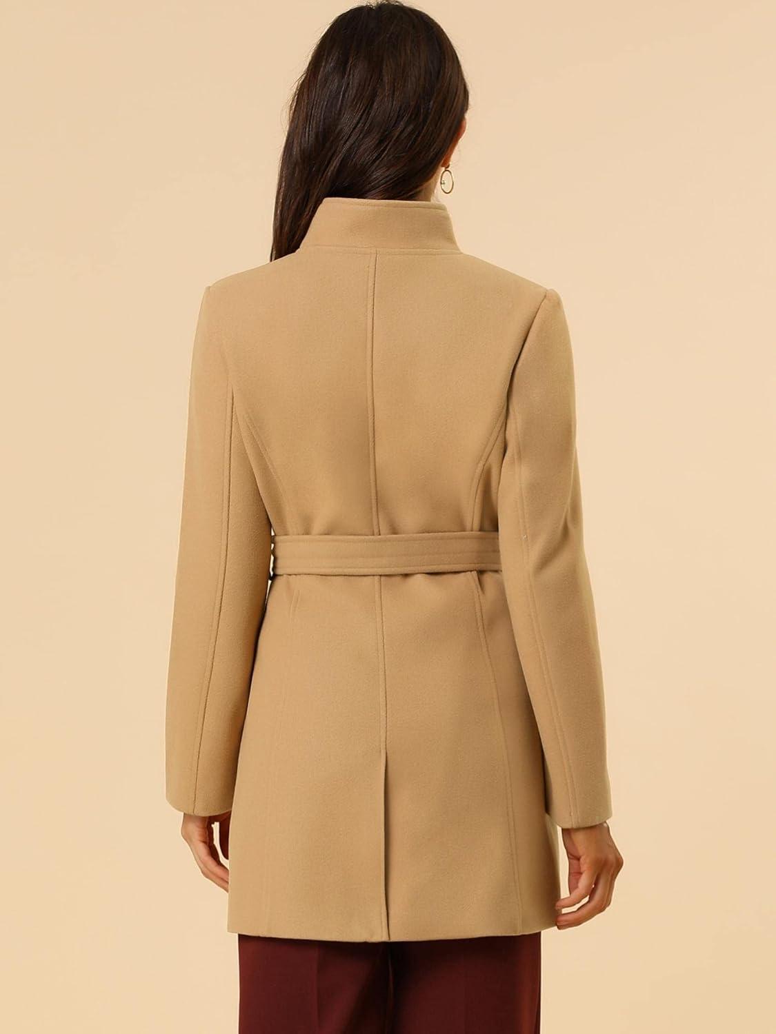 imageAllegra K Womens Classic Stand Collar Outwear Overcoat Long Sleeve Winter Belted Pea CoatKhaki