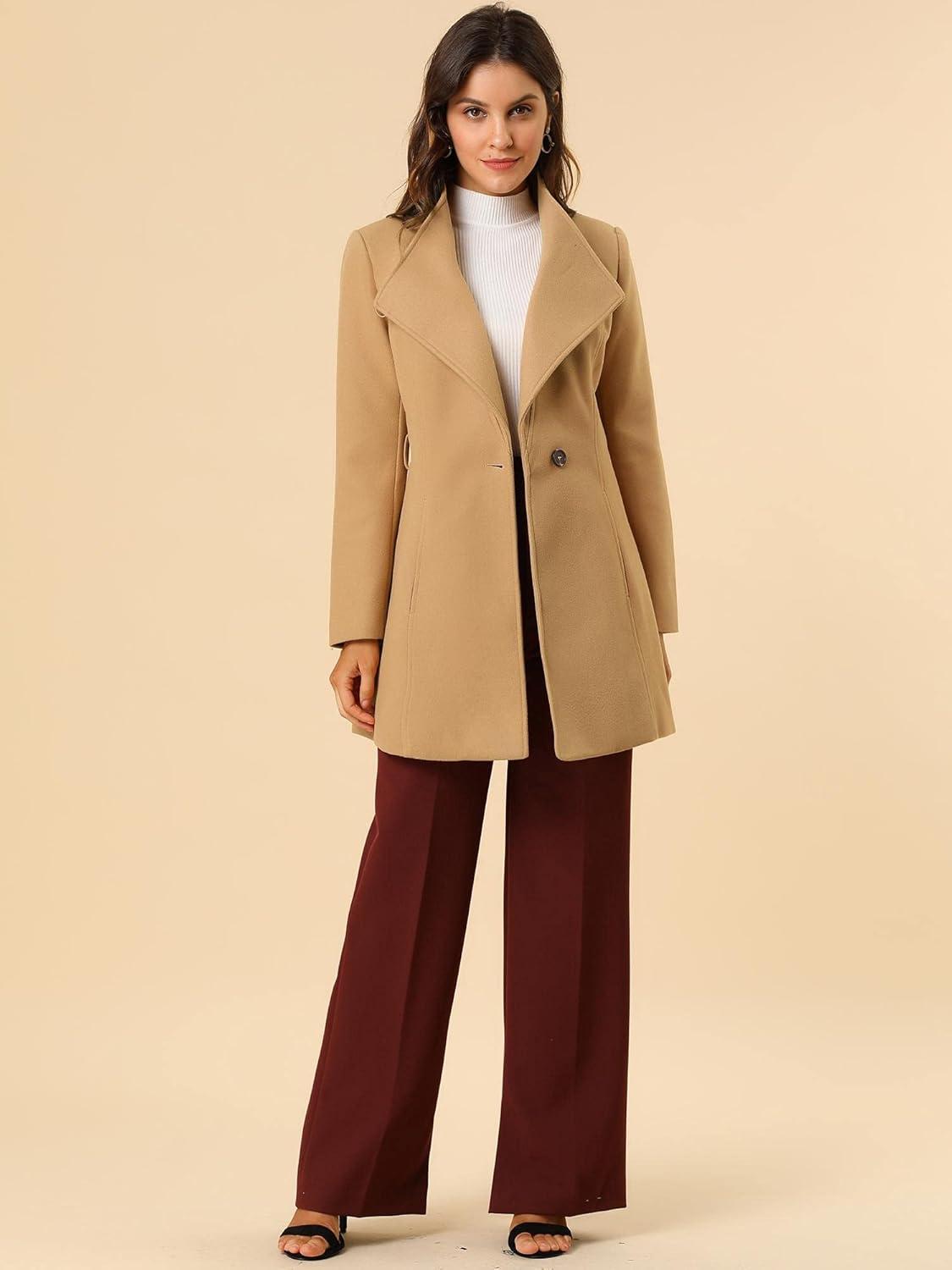 imageAllegra K Womens Classic Stand Collar Outwear Overcoat Long Sleeve Winter Belted Pea CoatKhaki