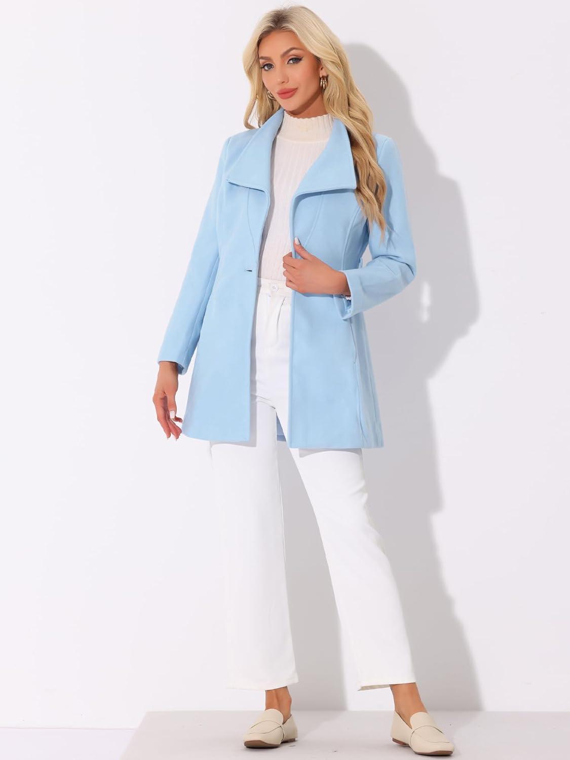 imageAllegra K Womens Classic Stand Collar Outwear Overcoat Long Sleeve Winter Belted Pea CoatLight Blue