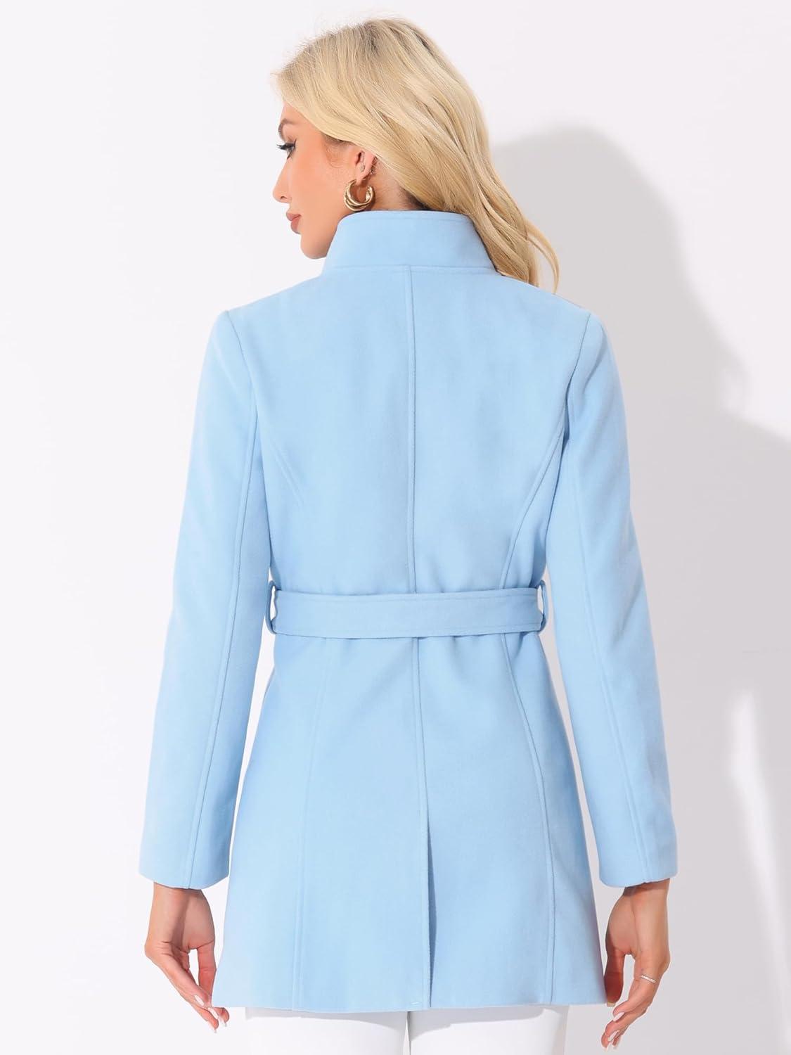 imageAllegra K Womens Classic Stand Collar Outwear Overcoat Long Sleeve Winter Belted Pea CoatLight Blue