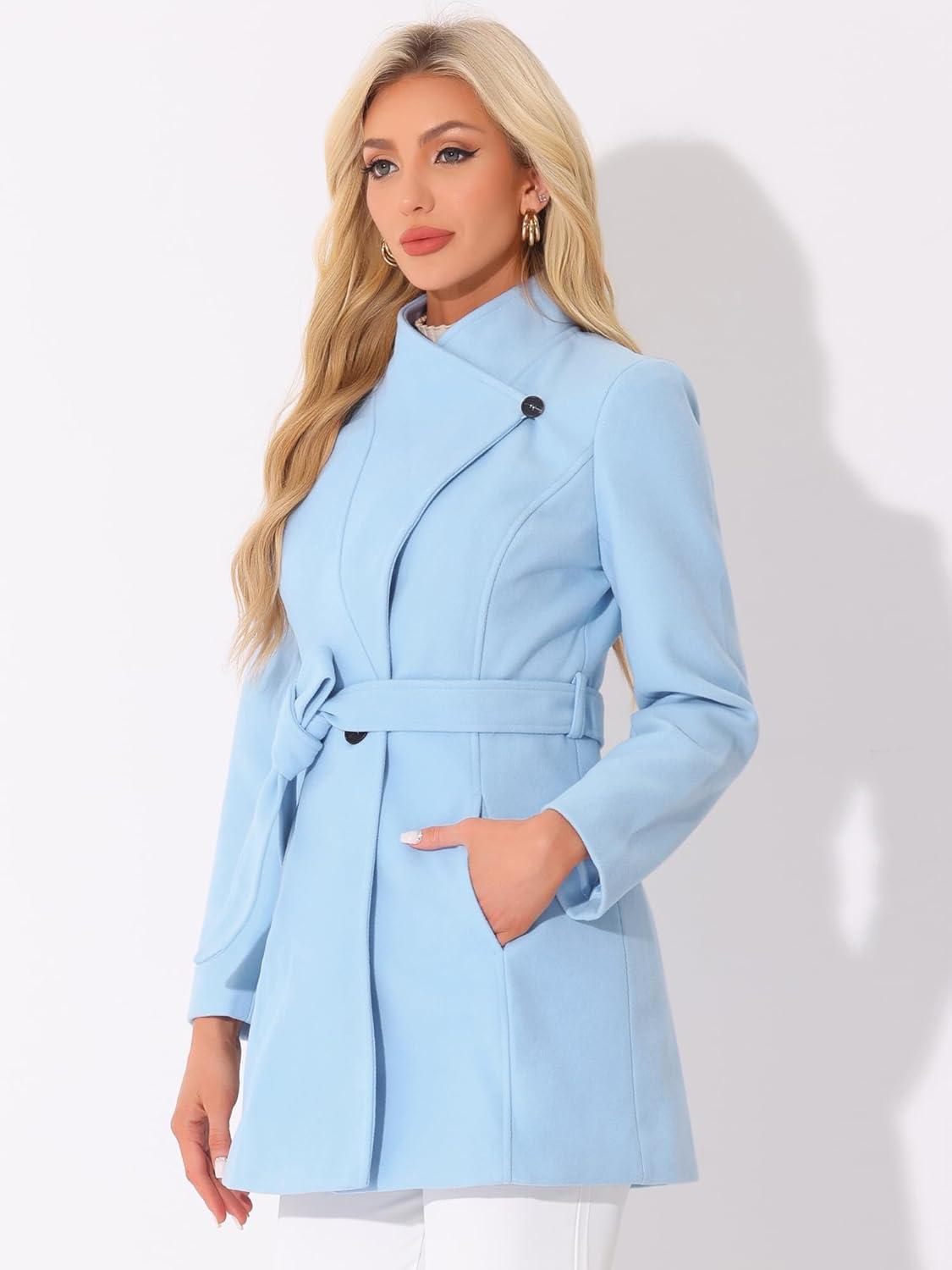 imageAllegra K Womens Classic Stand Collar Outwear Overcoat Long Sleeve Winter Belted Pea CoatLight Blue