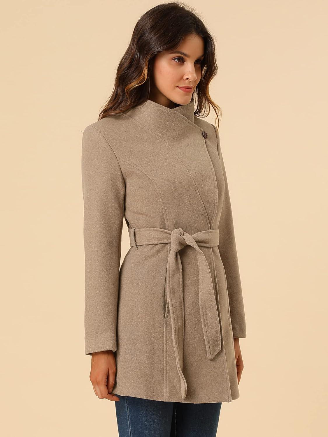 imageAllegra K Womens Classic Stand Collar Outwear Overcoat Long Sleeve Winter Belted Pea CoatLight Brown