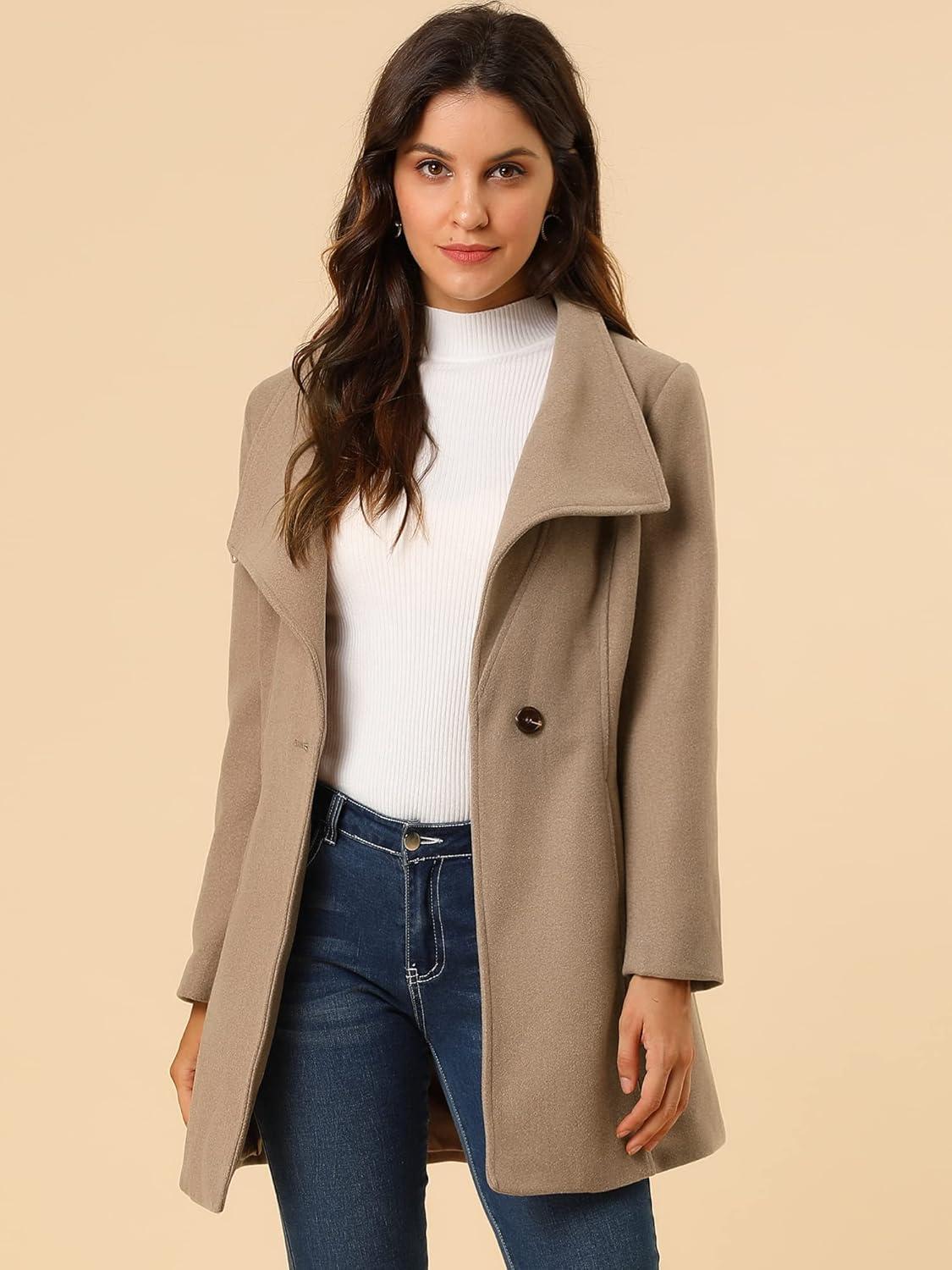 imageAllegra K Womens Classic Stand Collar Outwear Overcoat Long Sleeve Winter Belted Pea CoatLight Brown