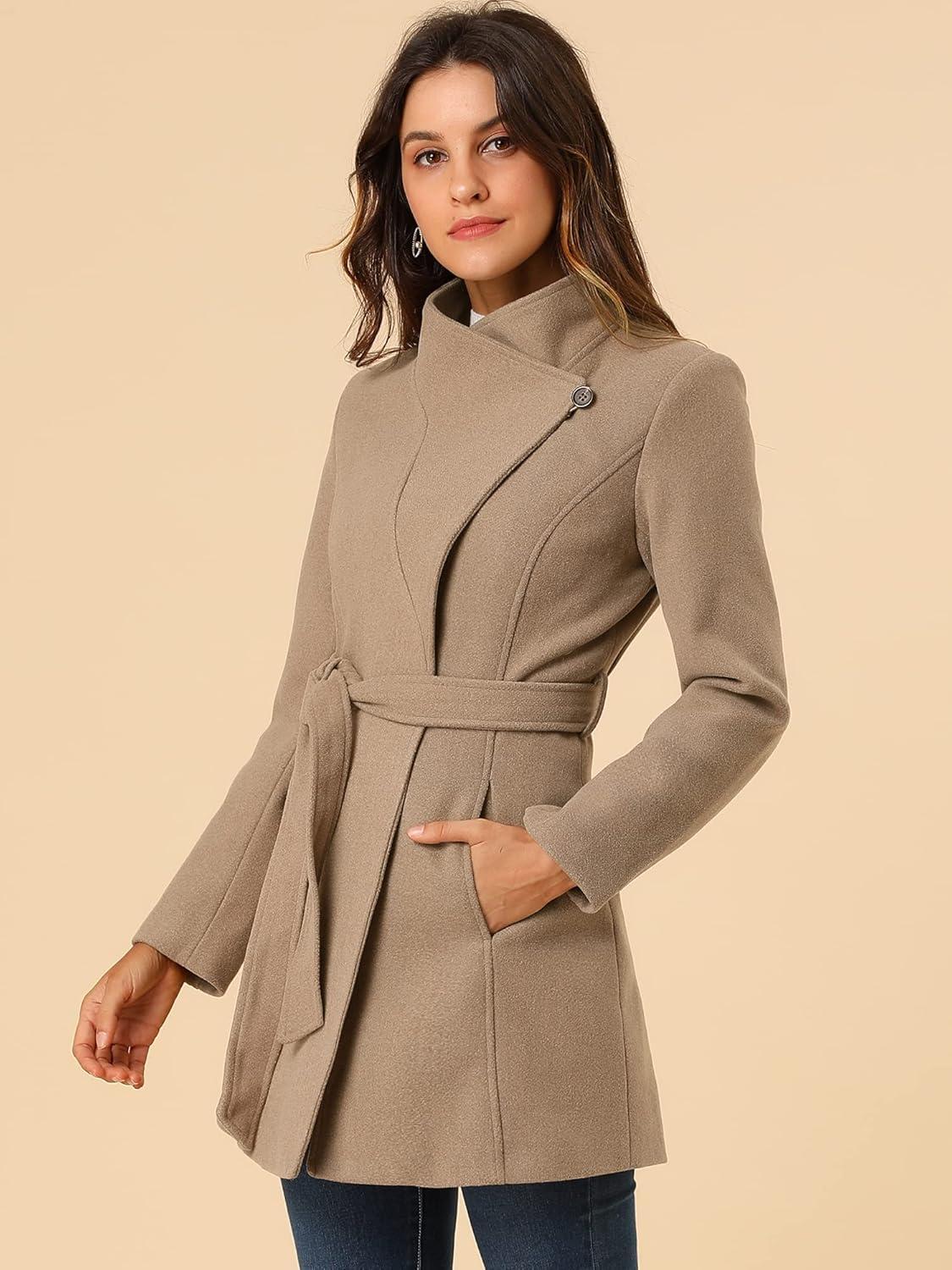 imageAllegra K Womens Classic Stand Collar Outwear Overcoat Long Sleeve Winter Belted Pea CoatLight Brown