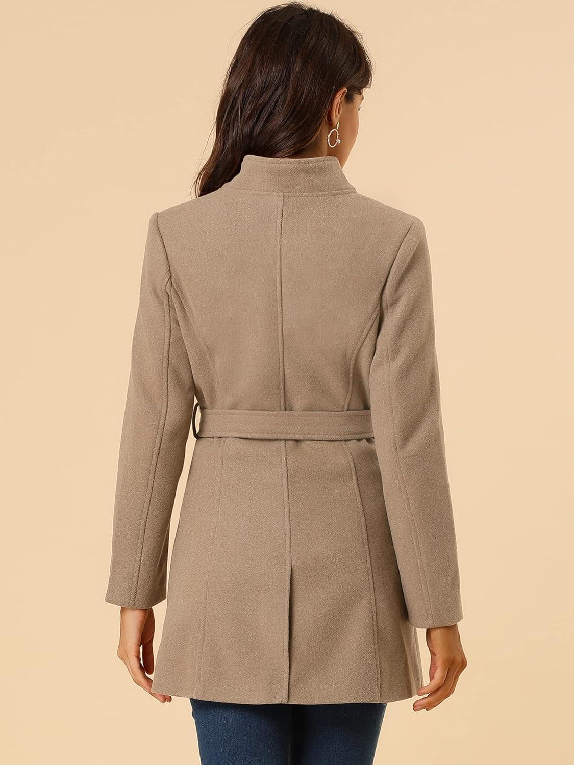 imageAllegra K Womens Classic Stand Collar Outwear Overcoat Long Sleeve Winter Belted Pea CoatLight Brown