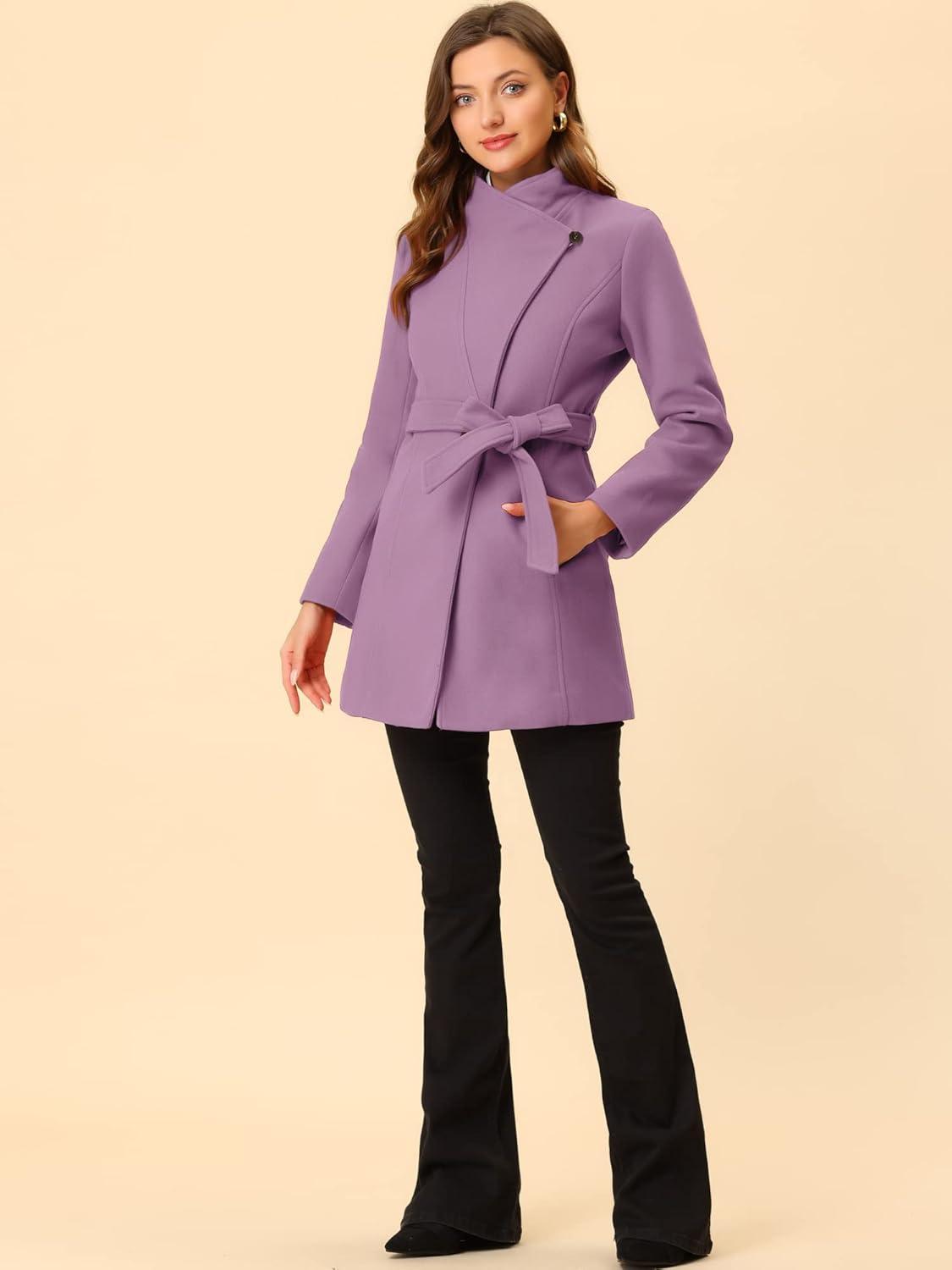 imageAllegra K Womens Classic Stand Collar Outwear Overcoat Long Sleeve Winter Belted Pea CoatLight Purple