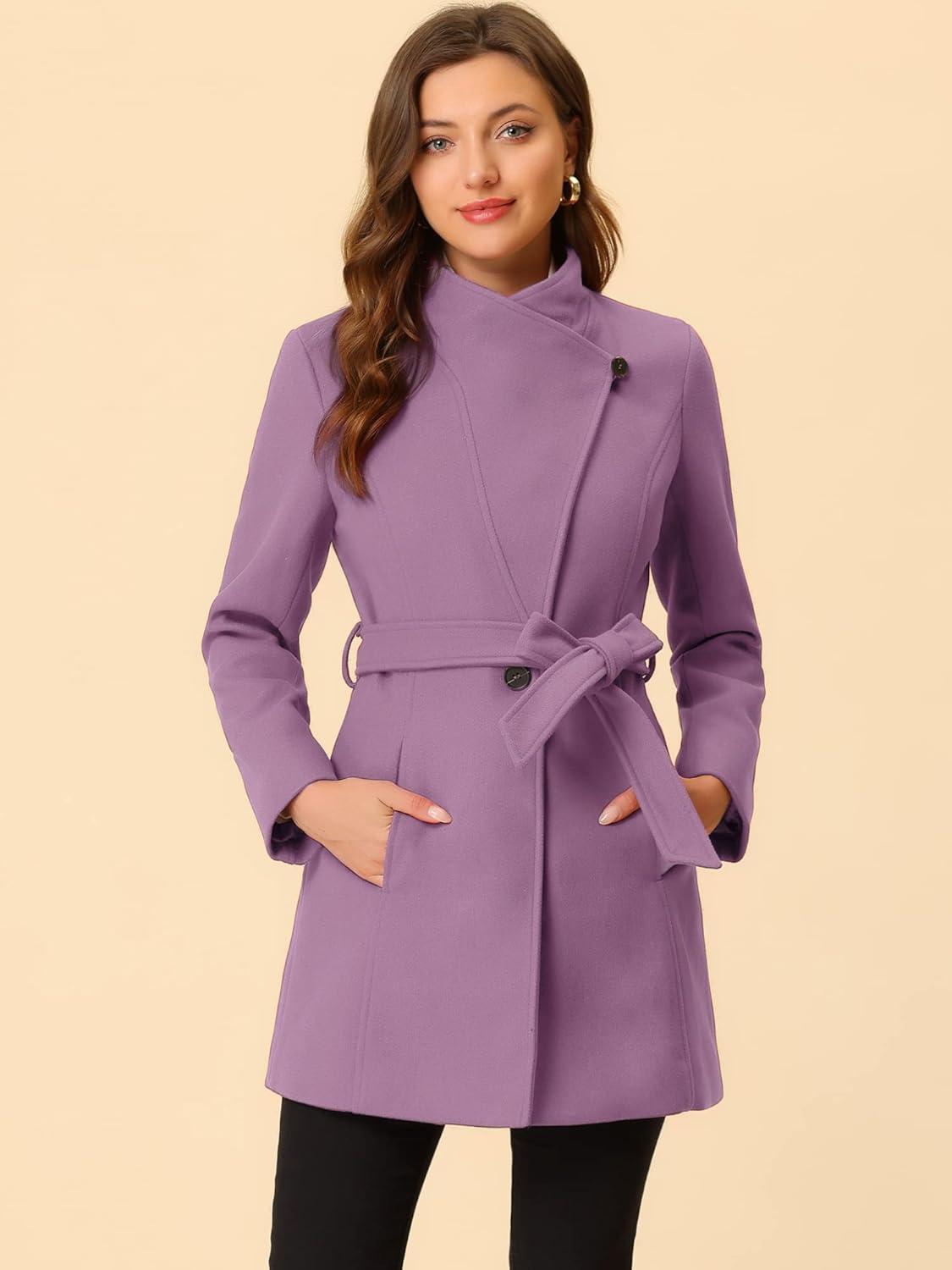 imageAllegra K Womens Classic Stand Collar Outwear Overcoat Long Sleeve Winter Belted Pea CoatLight Purple