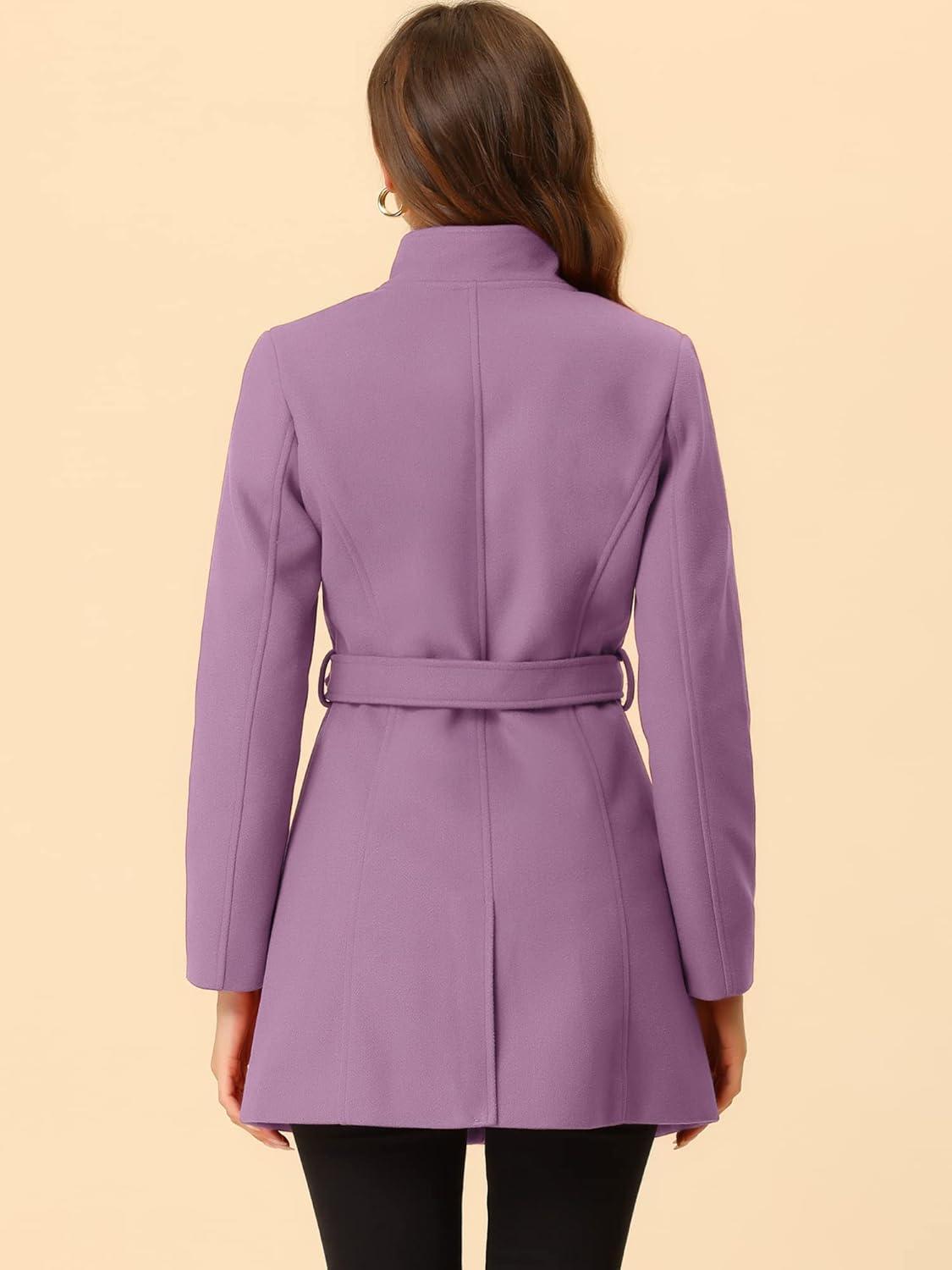 imageAllegra K Womens Classic Stand Collar Outwear Overcoat Long Sleeve Winter Belted Pea CoatLight Purple