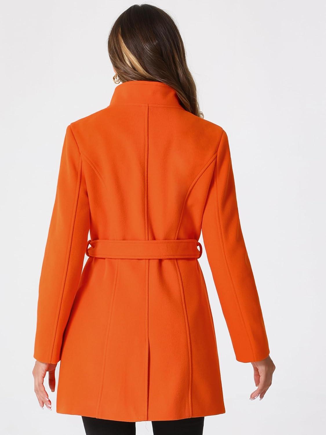 imageAllegra K Womens Classic Stand Collar Outwear Overcoat Long Sleeve Winter Belted Pea CoatOrange