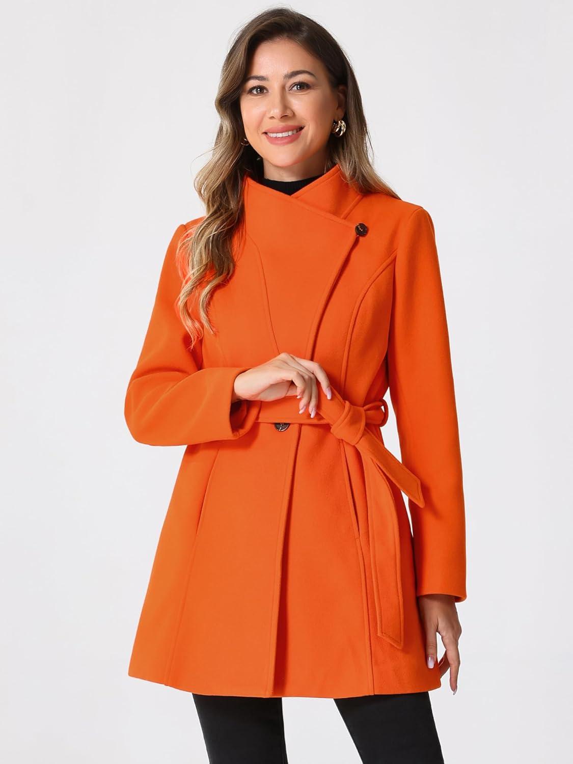 imageAllegra K Womens Classic Stand Collar Outwear Overcoat Long Sleeve Winter Belted Pea CoatOrange
