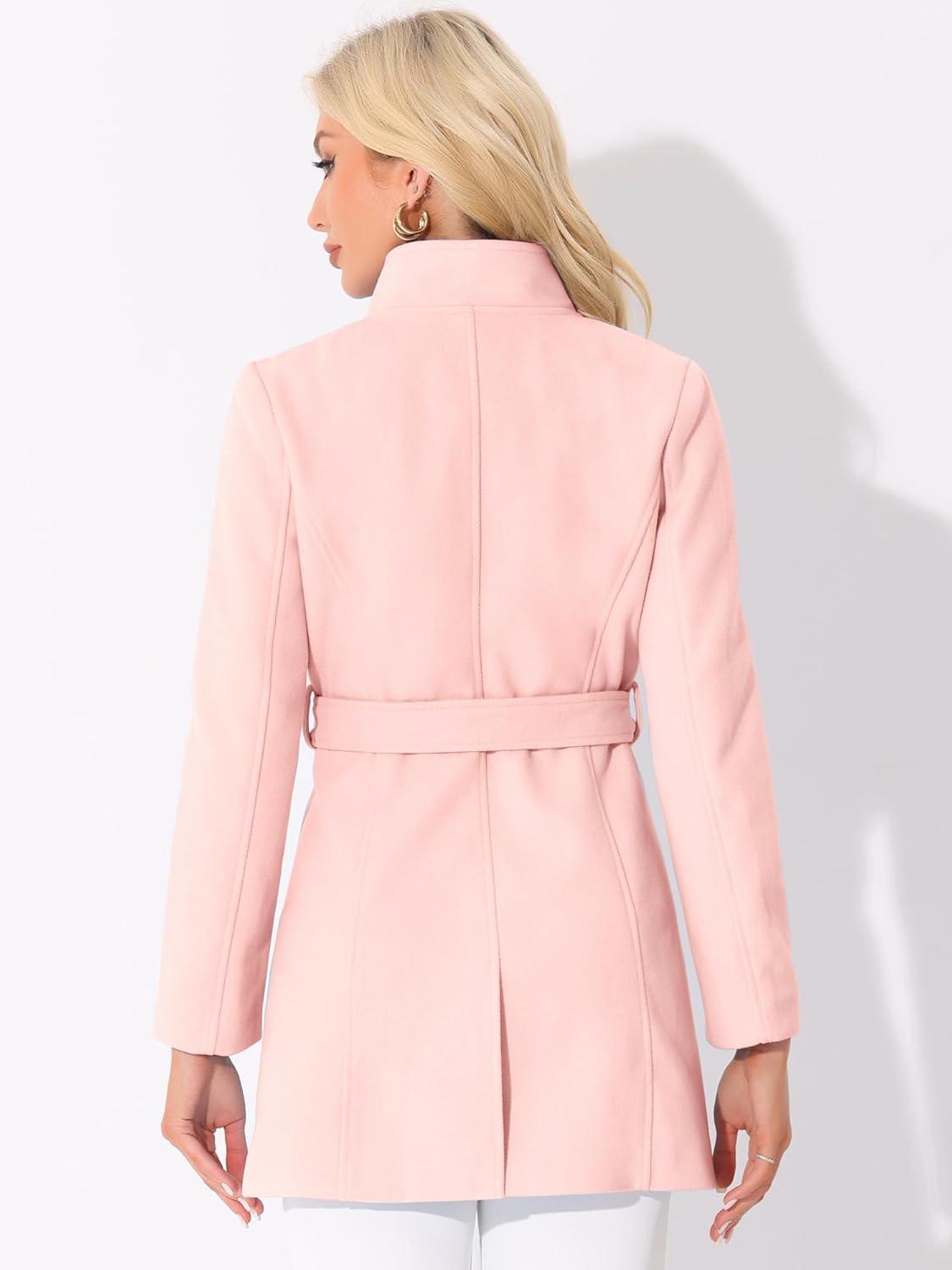 imageAllegra K Womens Classic Stand Collar Outwear Overcoat Long Sleeve Winter Belted Pea CoatPink