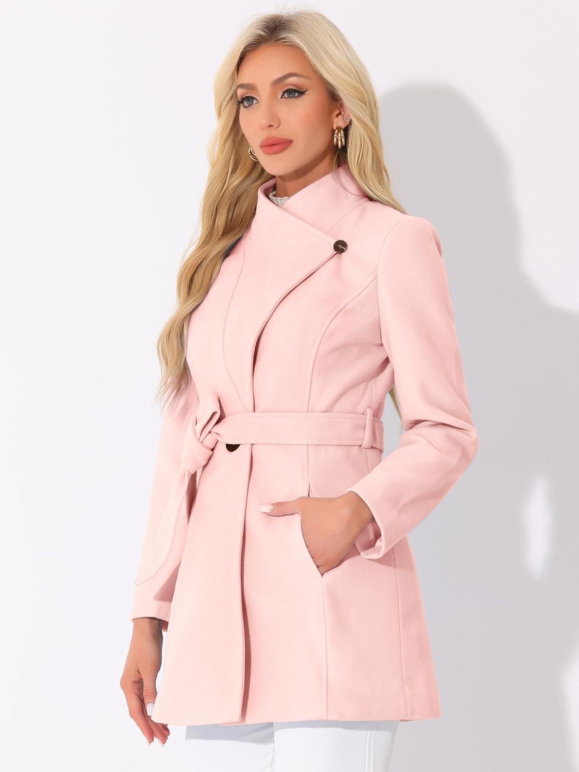 imageAllegra K Womens Classic Stand Collar Outwear Overcoat Long Sleeve Winter Belted Pea CoatPink