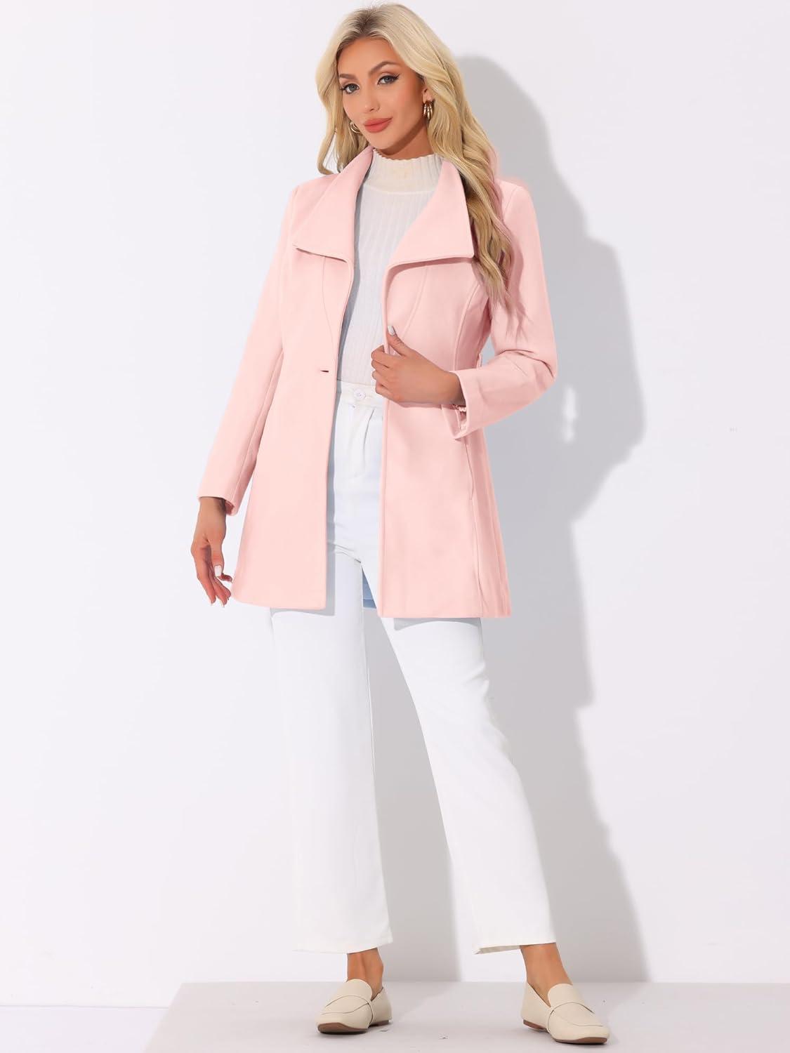 imageAllegra K Womens Classic Stand Collar Outwear Overcoat Long Sleeve Winter Belted Pea CoatPink