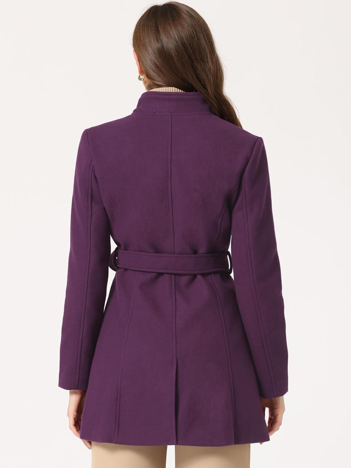 imageAllegra K Womens Classic Stand Collar Outwear Overcoat Long Sleeve Winter Belted Pea CoatPurple