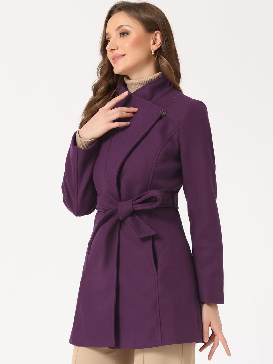 imageAllegra K Womens Classic Stand Collar Outwear Overcoat Long Sleeve Winter Belted Pea CoatPurple