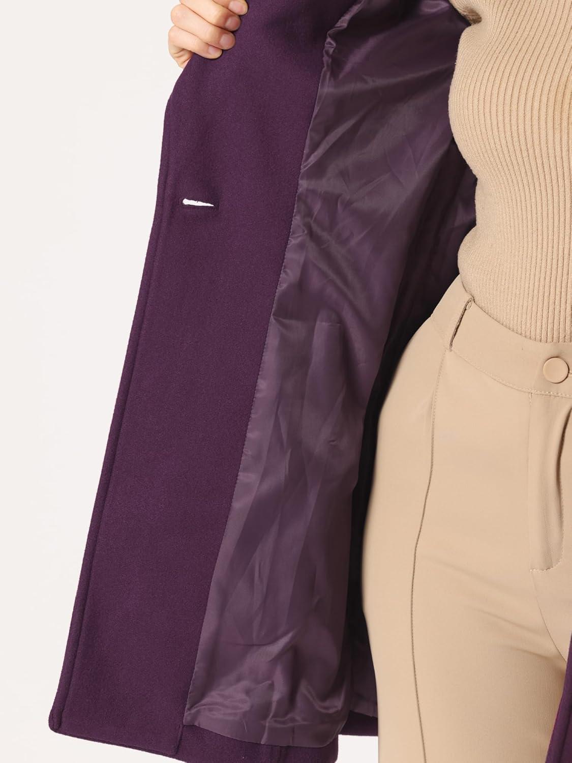 imageAllegra K Womens Classic Stand Collar Outwear Overcoat Long Sleeve Winter Belted Pea CoatPurple