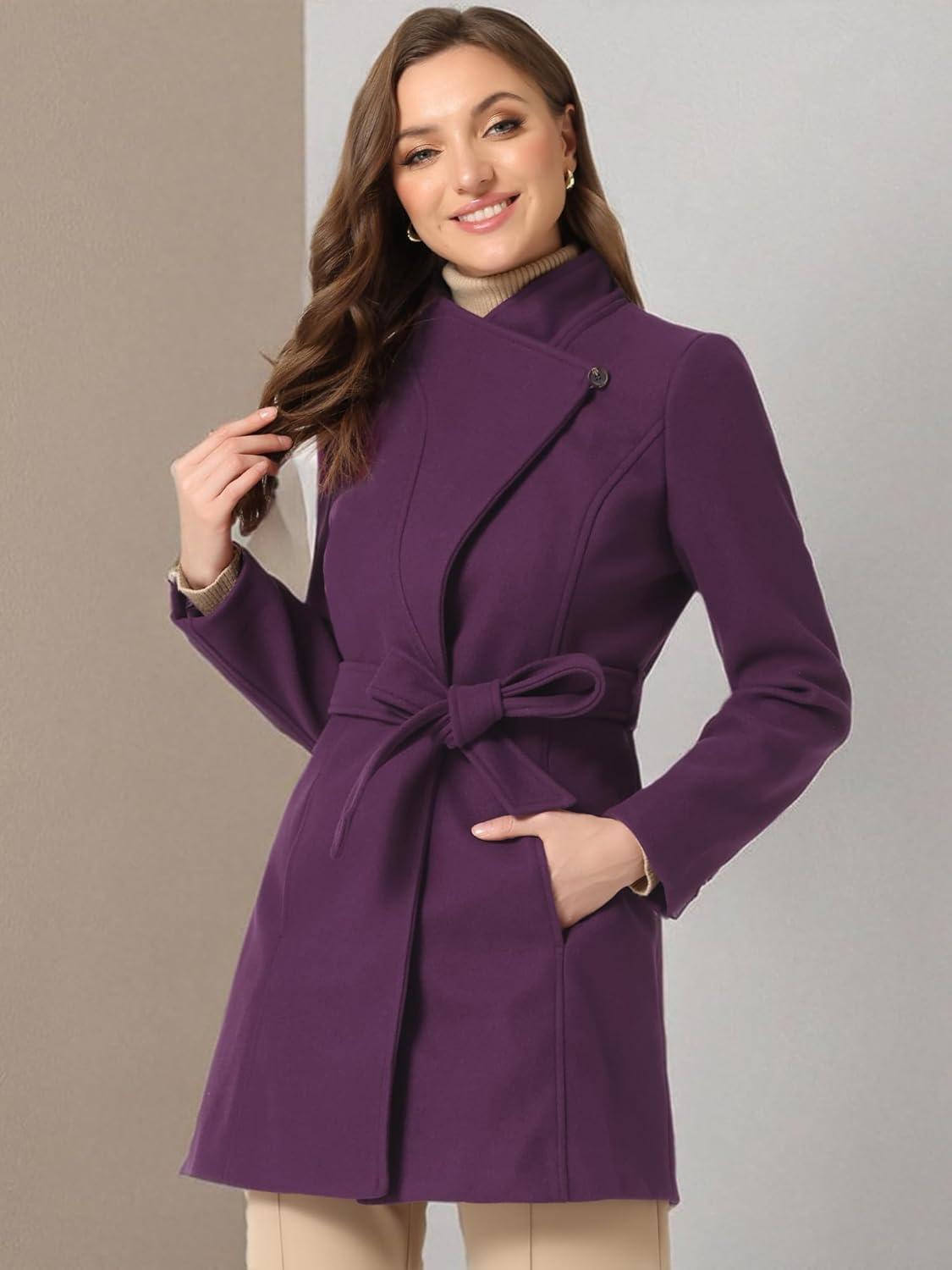 imageAllegra K Womens Classic Stand Collar Outwear Overcoat Long Sleeve Winter Belted Pea CoatPurple
