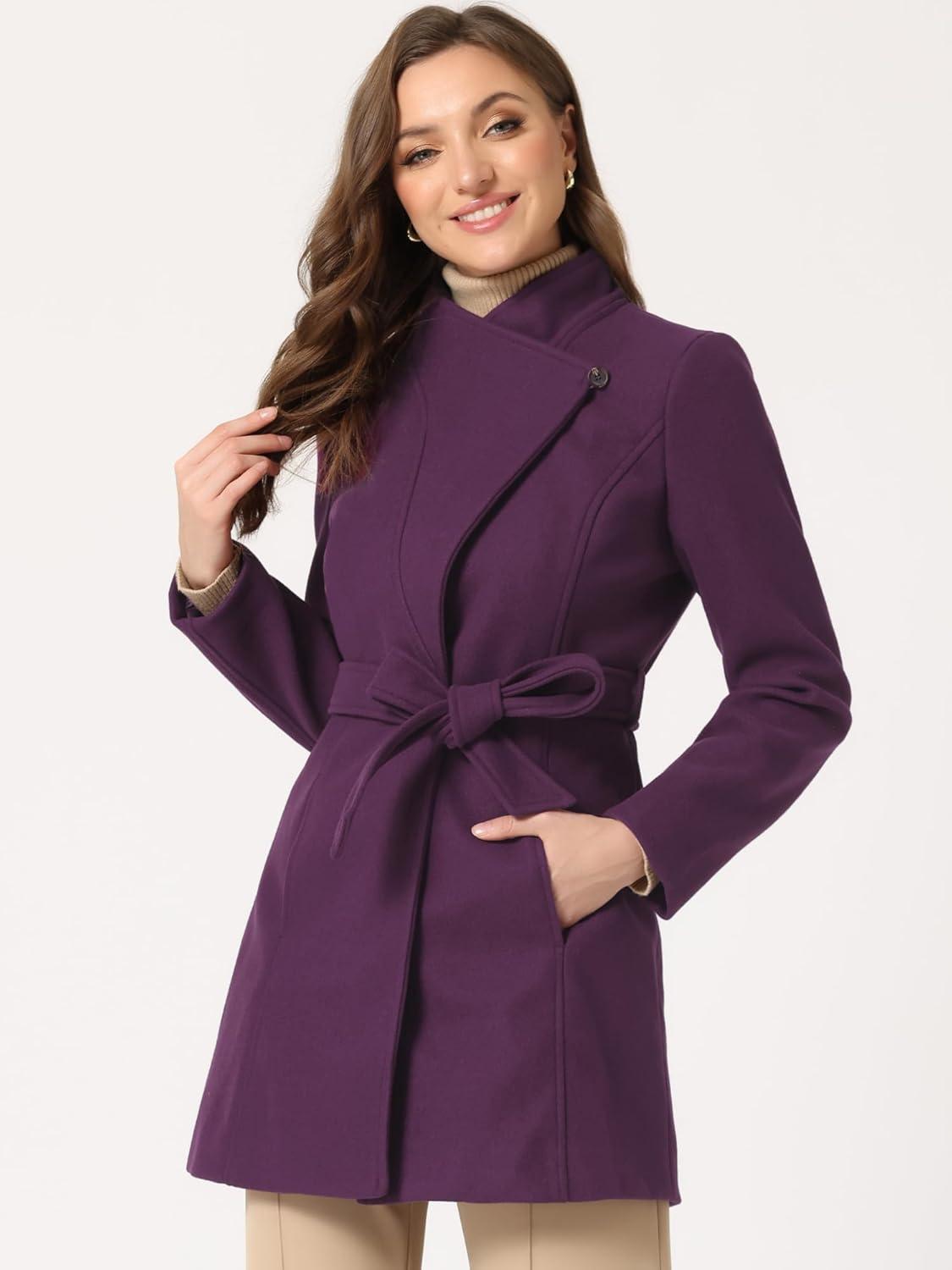 imageAllegra K Womens Classic Stand Collar Outwear Overcoat Long Sleeve Winter Belted Pea CoatPurple