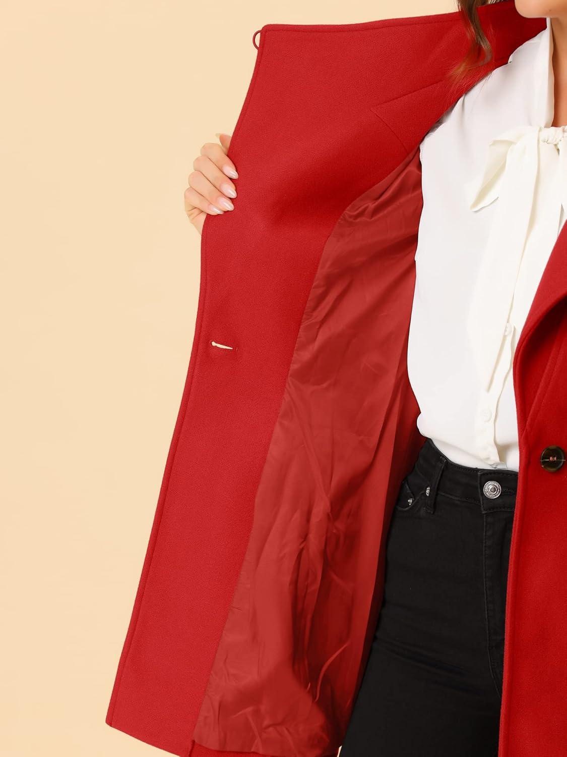 imageAllegra K Womens Classic Stand Collar Outwear Overcoat Long Sleeve Winter Belted Pea CoatRed