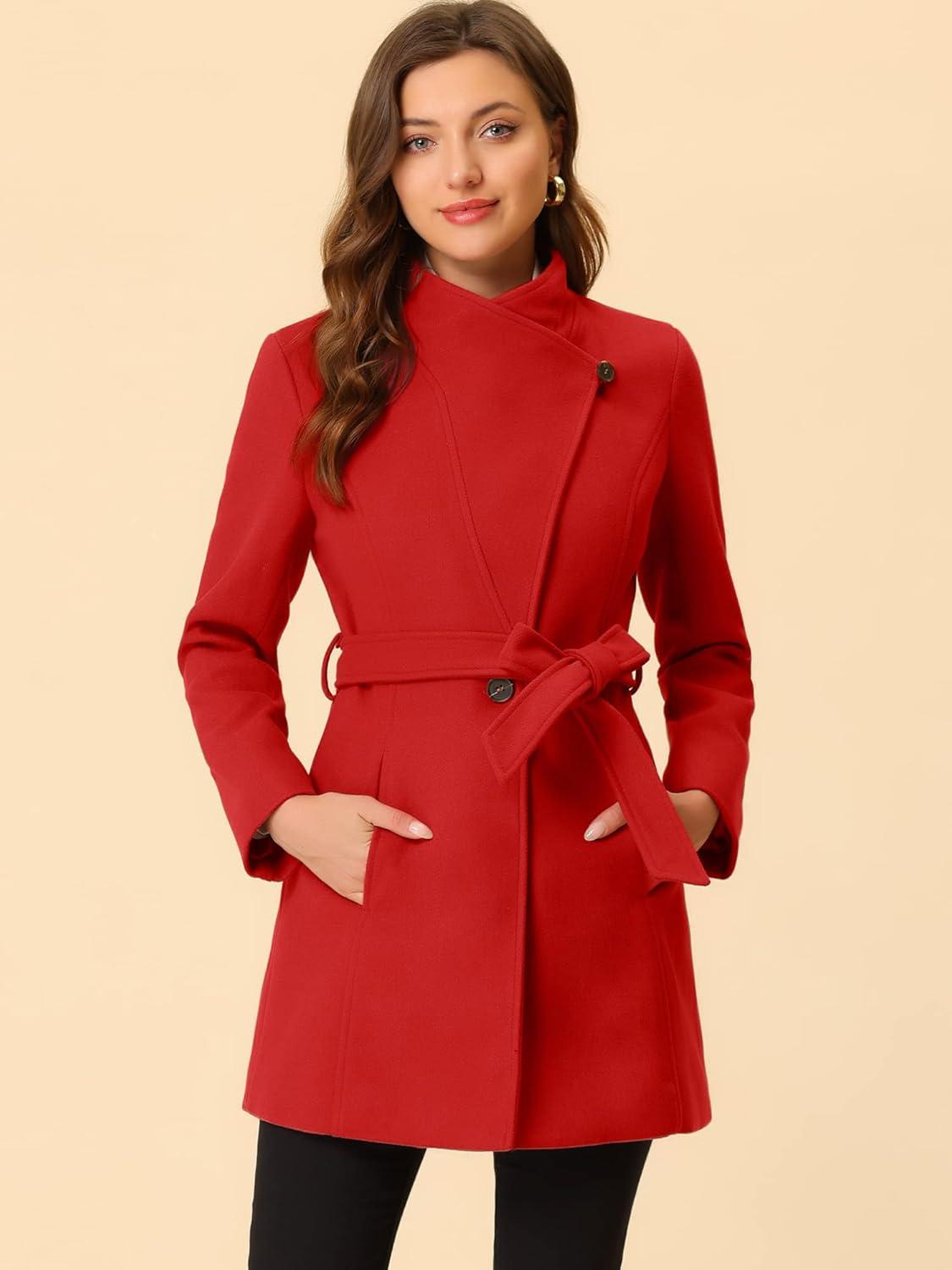 imageAllegra K Womens Classic Stand Collar Outwear Overcoat Long Sleeve Winter Belted Pea CoatRed