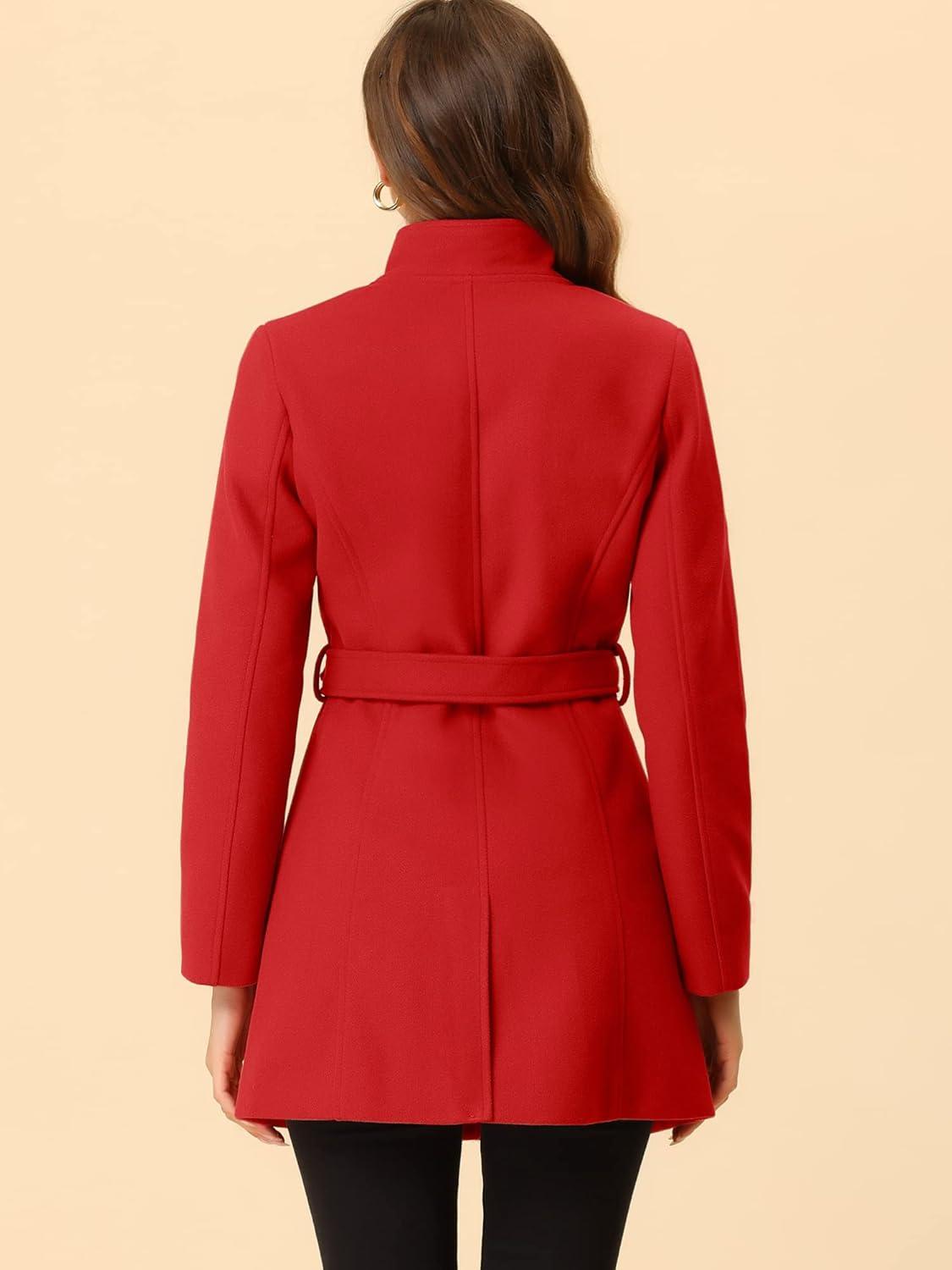 imageAllegra K Womens Classic Stand Collar Outwear Overcoat Long Sleeve Winter Belted Pea CoatRed