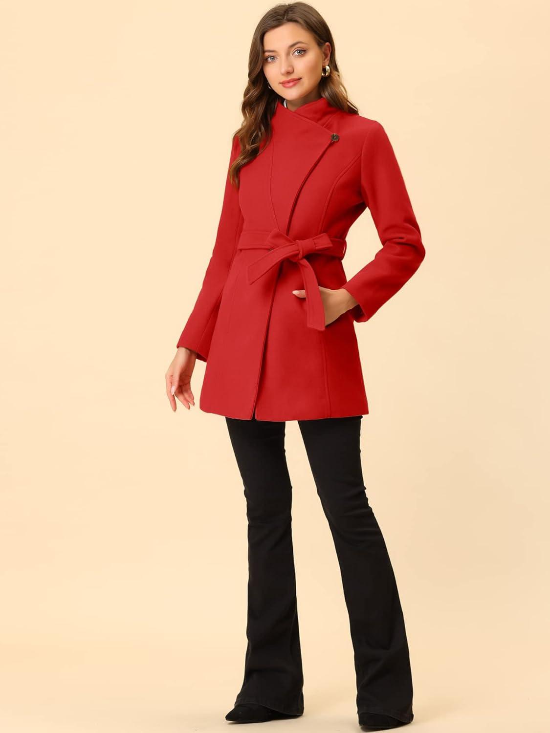 imageAllegra K Womens Classic Stand Collar Outwear Overcoat Long Sleeve Winter Belted Pea CoatRed