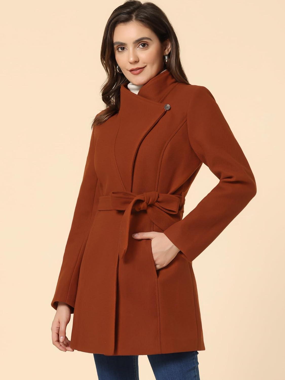 imageAllegra K Womens Classic Stand Collar Outwear Overcoat Long Sleeve Winter Belted Pea CoatRed Brown