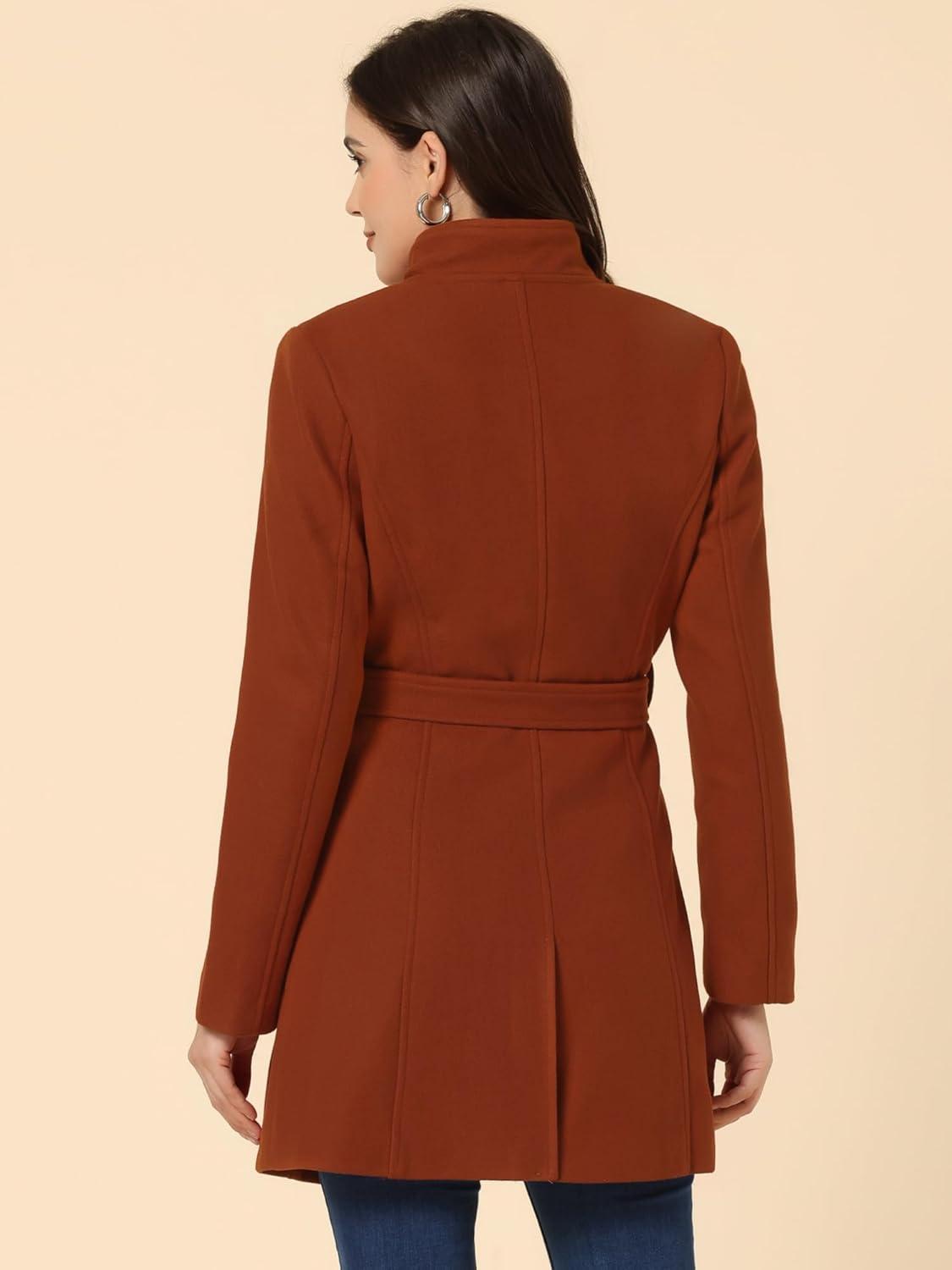 imageAllegra K Womens Classic Stand Collar Outwear Overcoat Long Sleeve Winter Belted Pea CoatRed Brown
