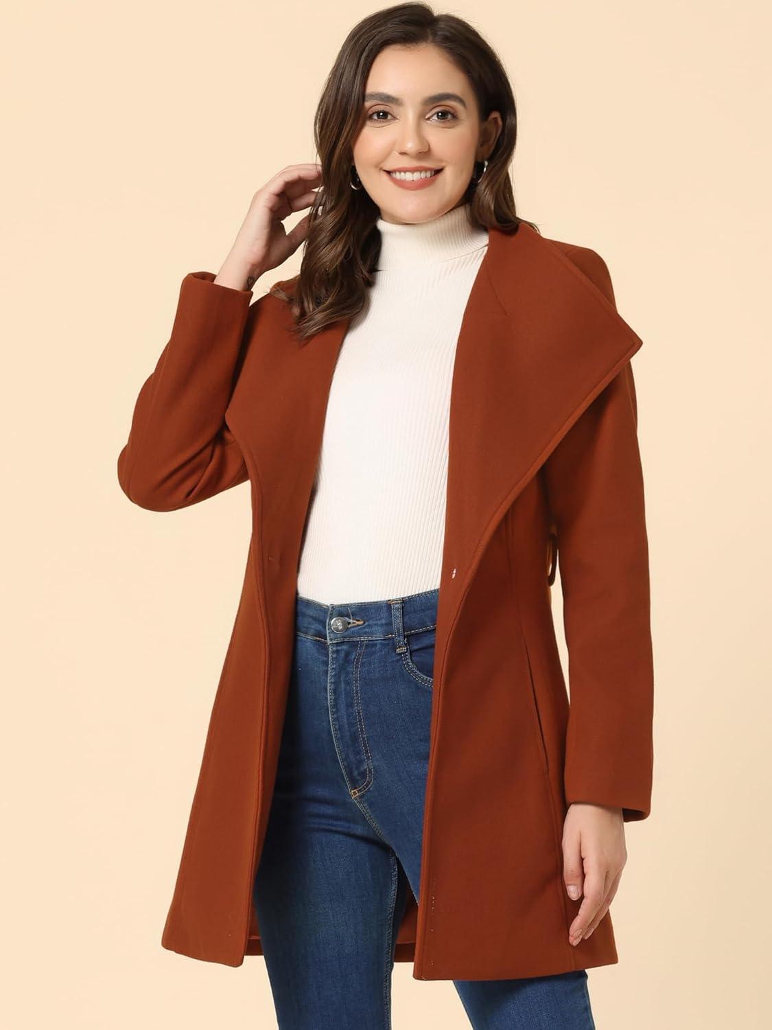 imageAllegra K Womens Classic Stand Collar Outwear Overcoat Long Sleeve Winter Belted Pea CoatRed Brown