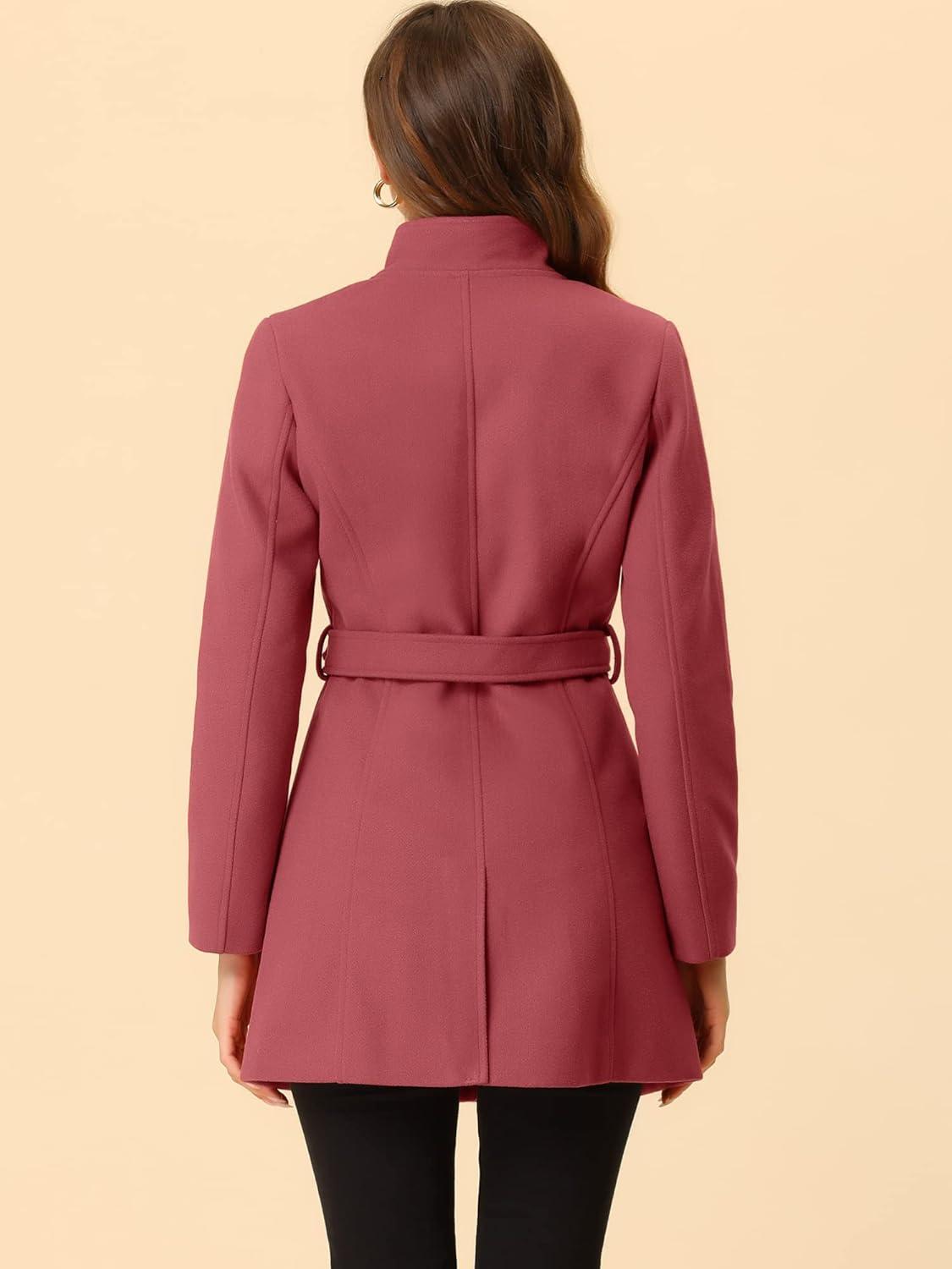 imageAllegra K Womens Classic Stand Collar Outwear Overcoat Long Sleeve Winter Belted Pea CoatWatermelon Red