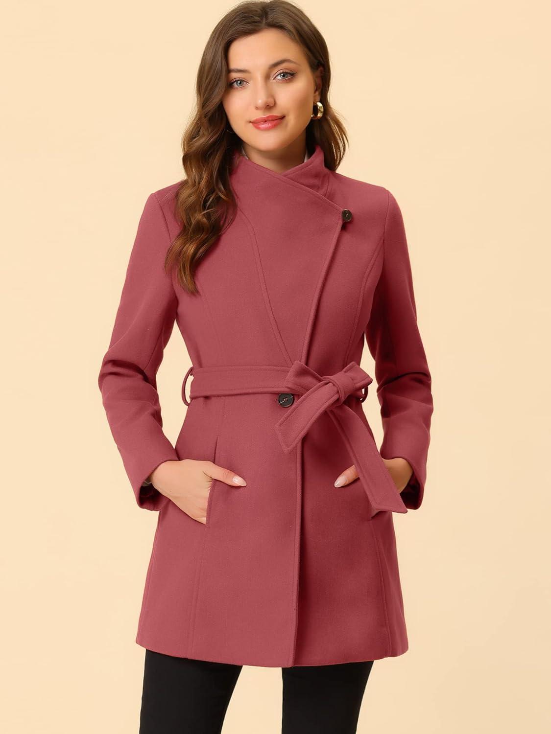 imageAllegra K Womens Classic Stand Collar Outwear Overcoat Long Sleeve Winter Belted Pea CoatWatermelon Red