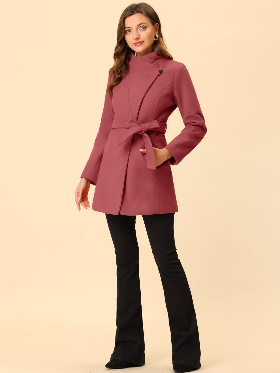 imageAllegra K Womens Classic Stand Collar Outwear Overcoat Long Sleeve Winter Belted Pea CoatWatermelon Red