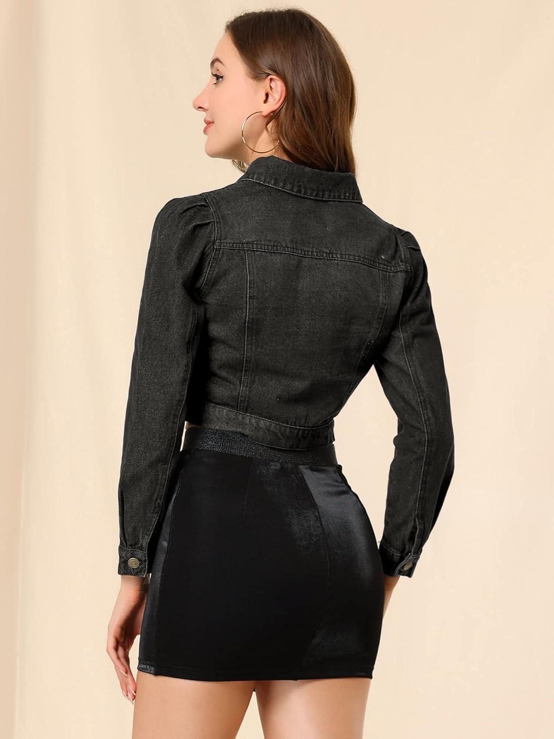 imageAllegra K Womens Denim Jackets 2025 Casual Button Down Long Sleeves Crop Jean JacketBlack