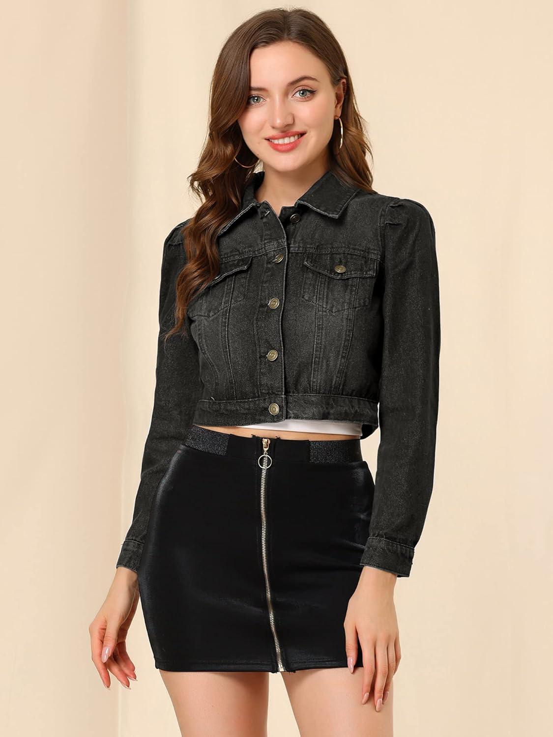 imageAllegra K Womens Denim Jackets 2025 Casual Button Down Long Sleeves Crop Jean JacketBlack