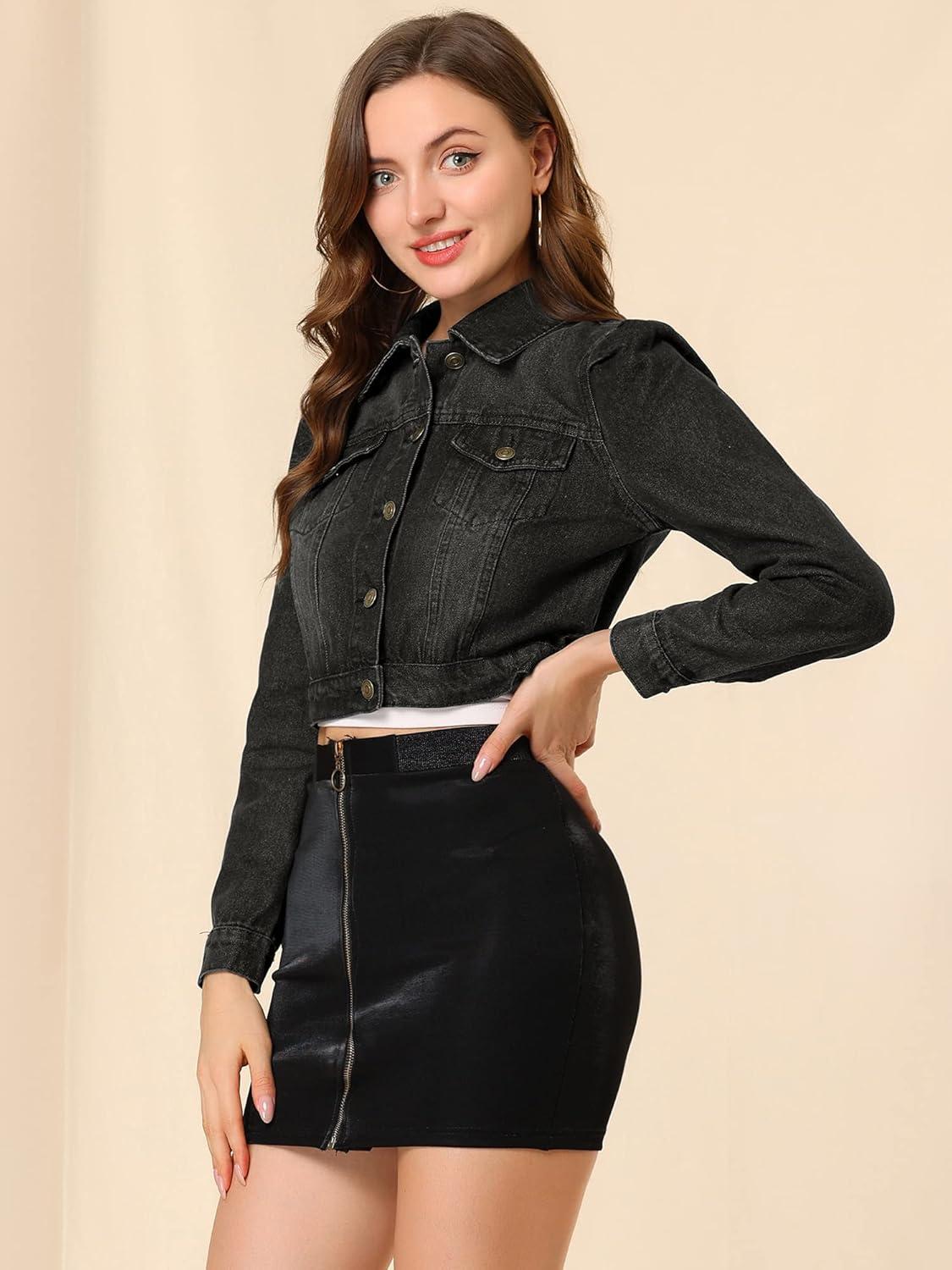imageAllegra K Womens Denim Jackets 2025 Casual Button Down Long Sleeves Crop Jean JacketBlack