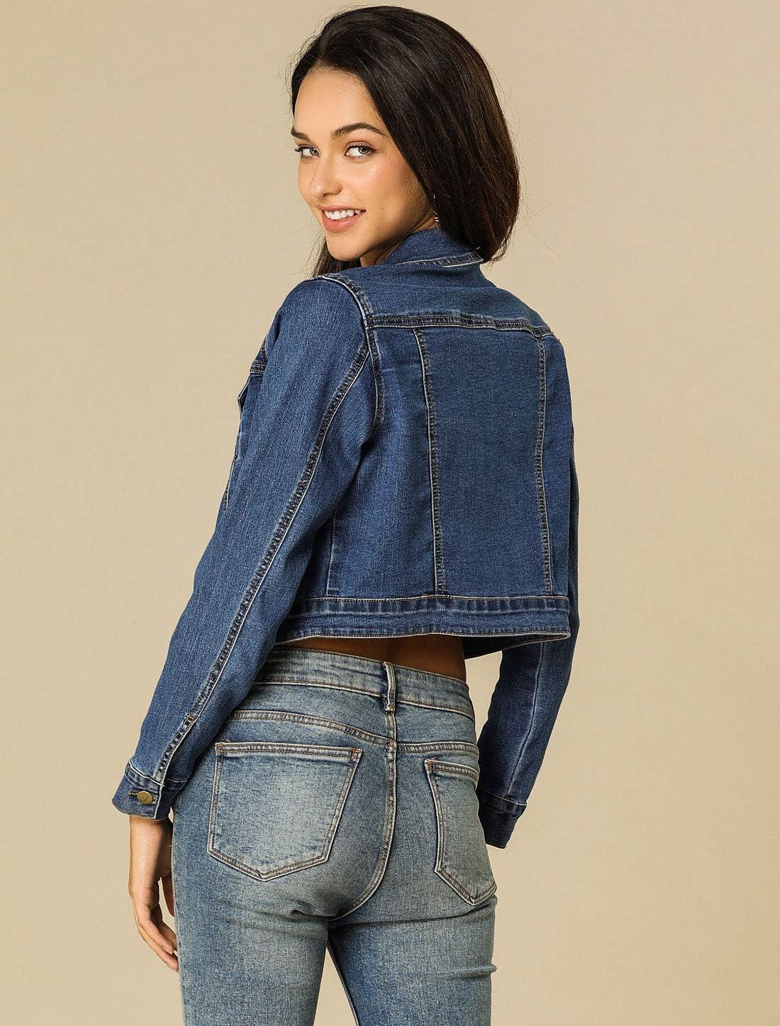 imageAllegra K Womens Denim Jackets 2025 Casual Button Down Long Sleeves Crop Jean JacketDark Blue