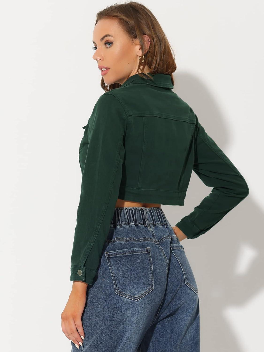 imageAllegra K Womens Denim Jackets 2025 Casual Button Down Long Sleeves Crop Jean JacketDark Green