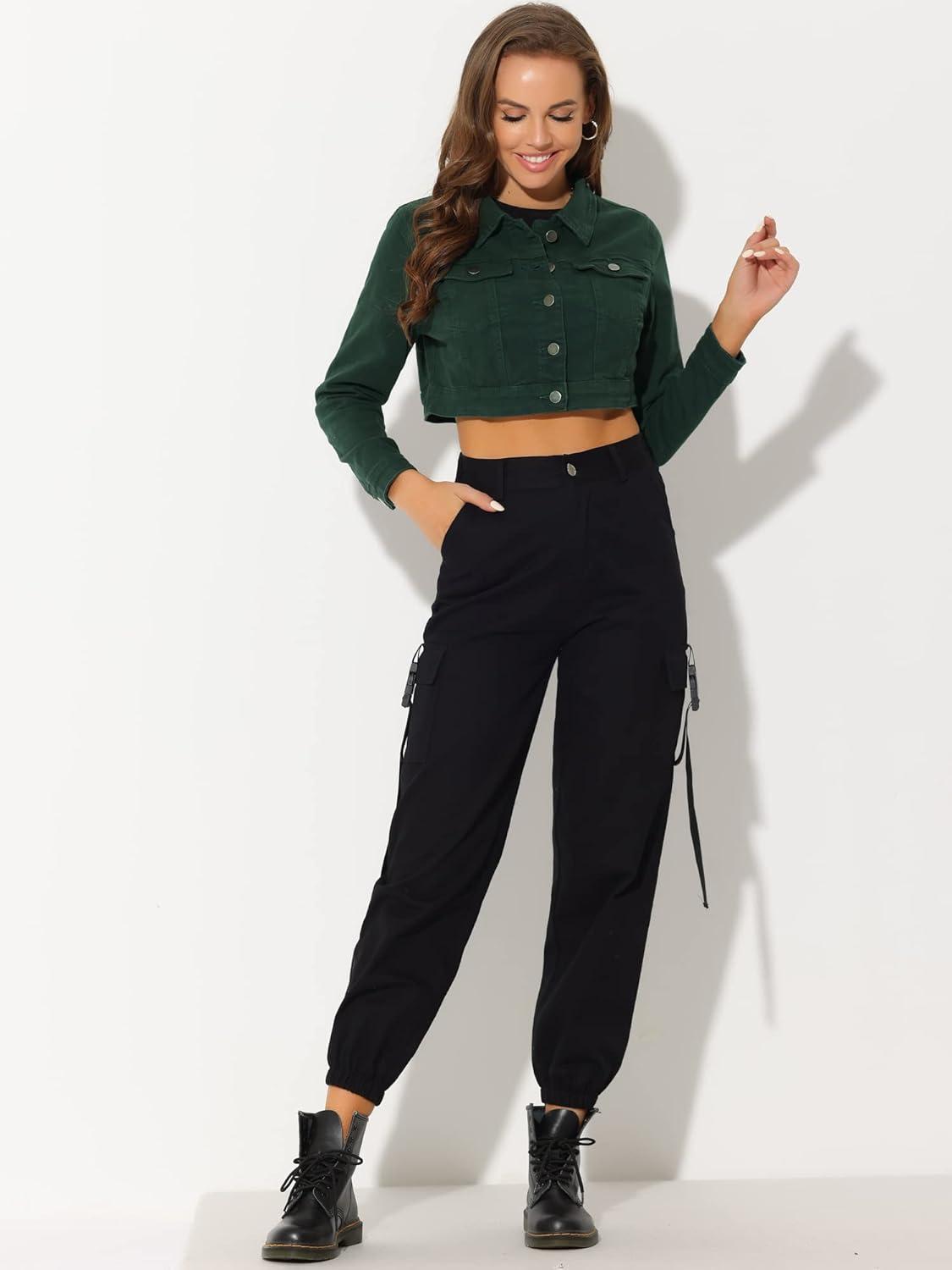 imageAllegra K Womens Denim Jackets 2025 Casual Button Down Long Sleeves Crop Jean JacketDark Green