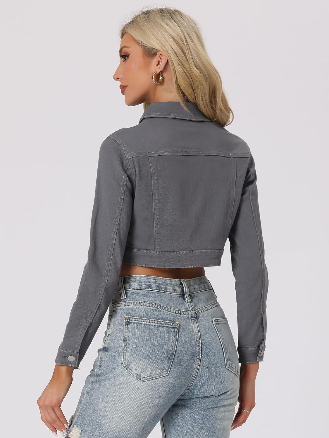 imageAllegra K Womens Denim Jackets 2025 Casual Button Down Long Sleeves Crop Jean JacketGrey