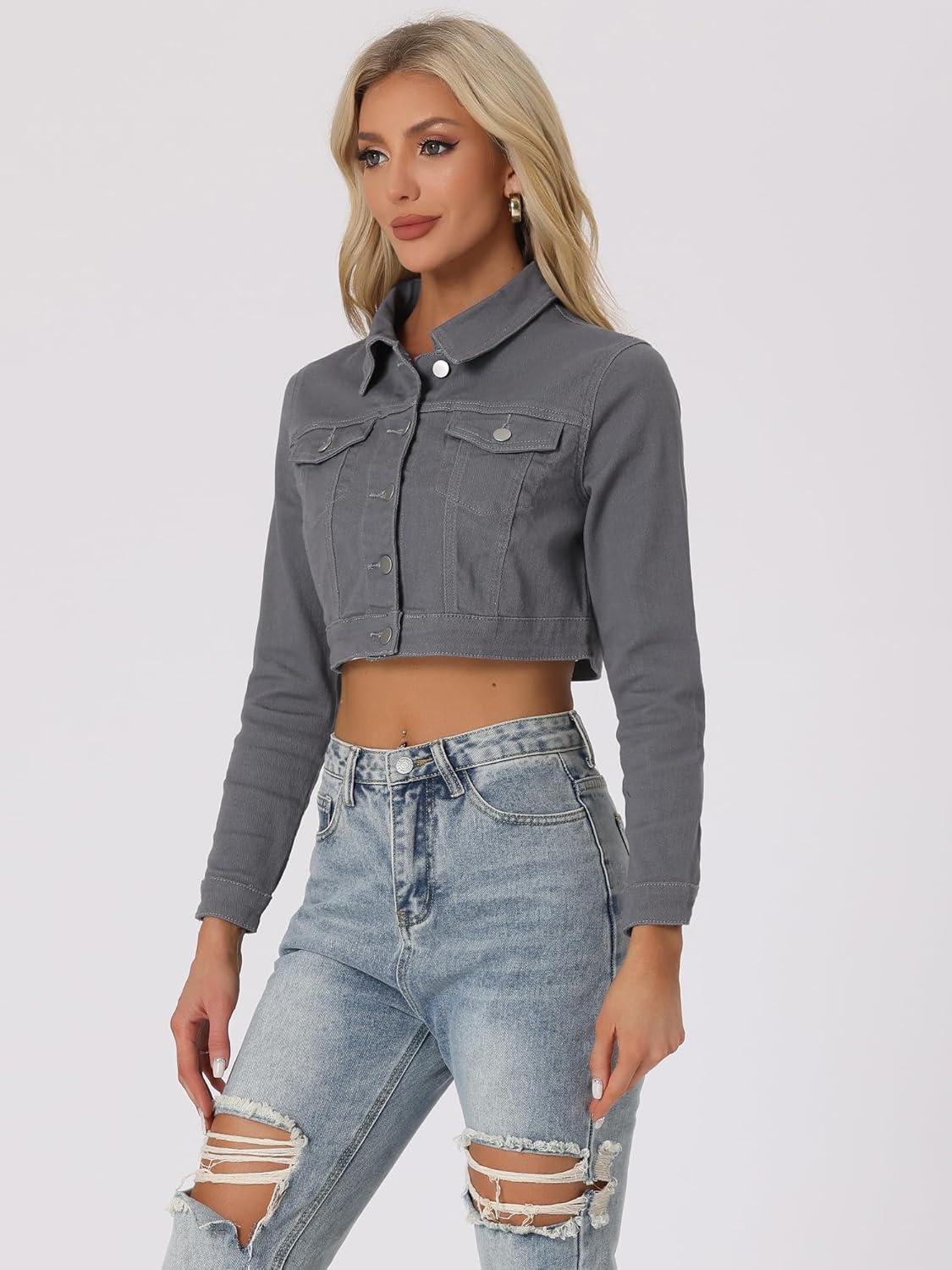 imageAllegra K Womens Denim Jackets 2025 Casual Button Down Long Sleeves Crop Jean JacketGrey